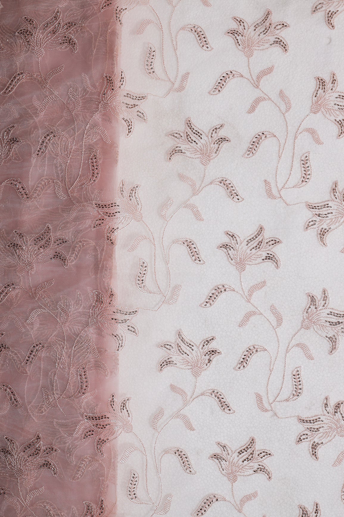 Light Pink Thread & Beads With Water Sequins Floral Leafy Embroidery Work On Light Pink Soft Net Fabric