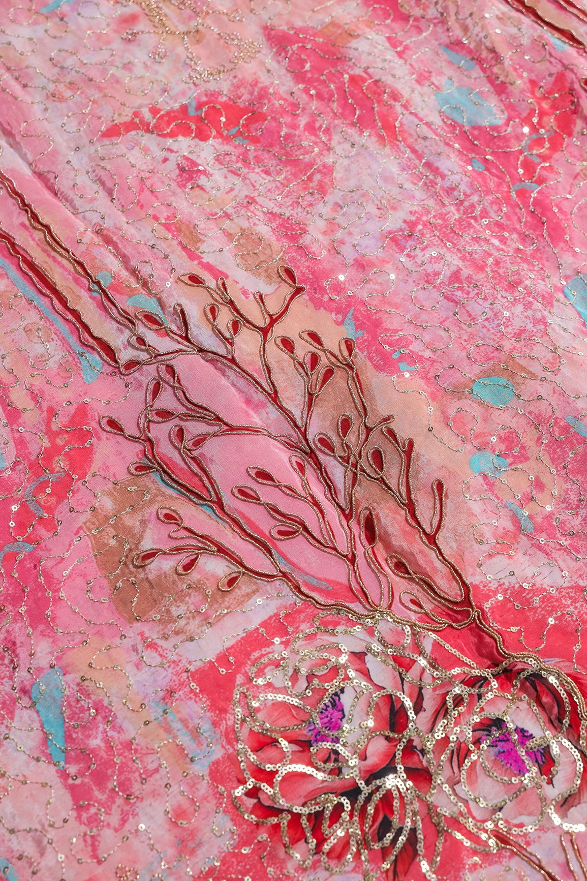 Floral Positional Print On Sequins With Zari Embroidery Work On Pink Pure Crepe Fabric