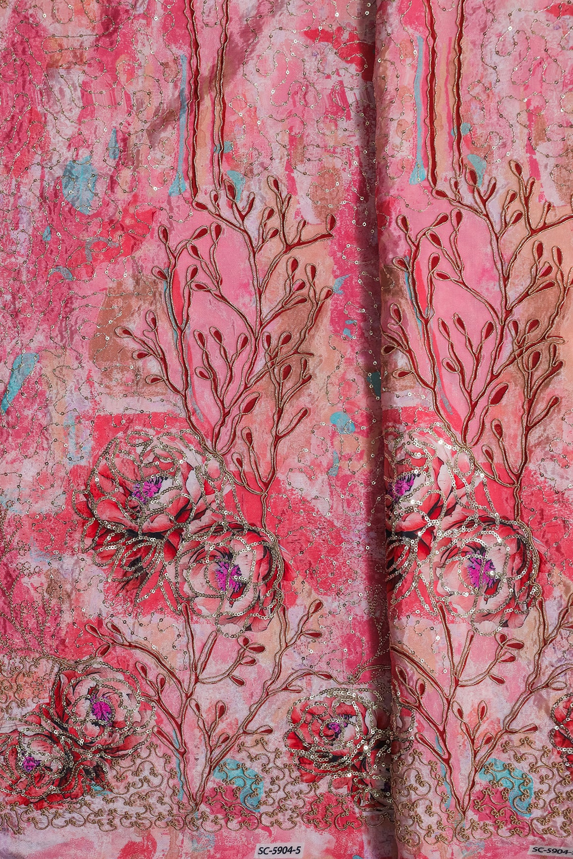 Floral Positional Print On Sequins With Zari Embroidery Work On Pink Pure Crepe Fabric