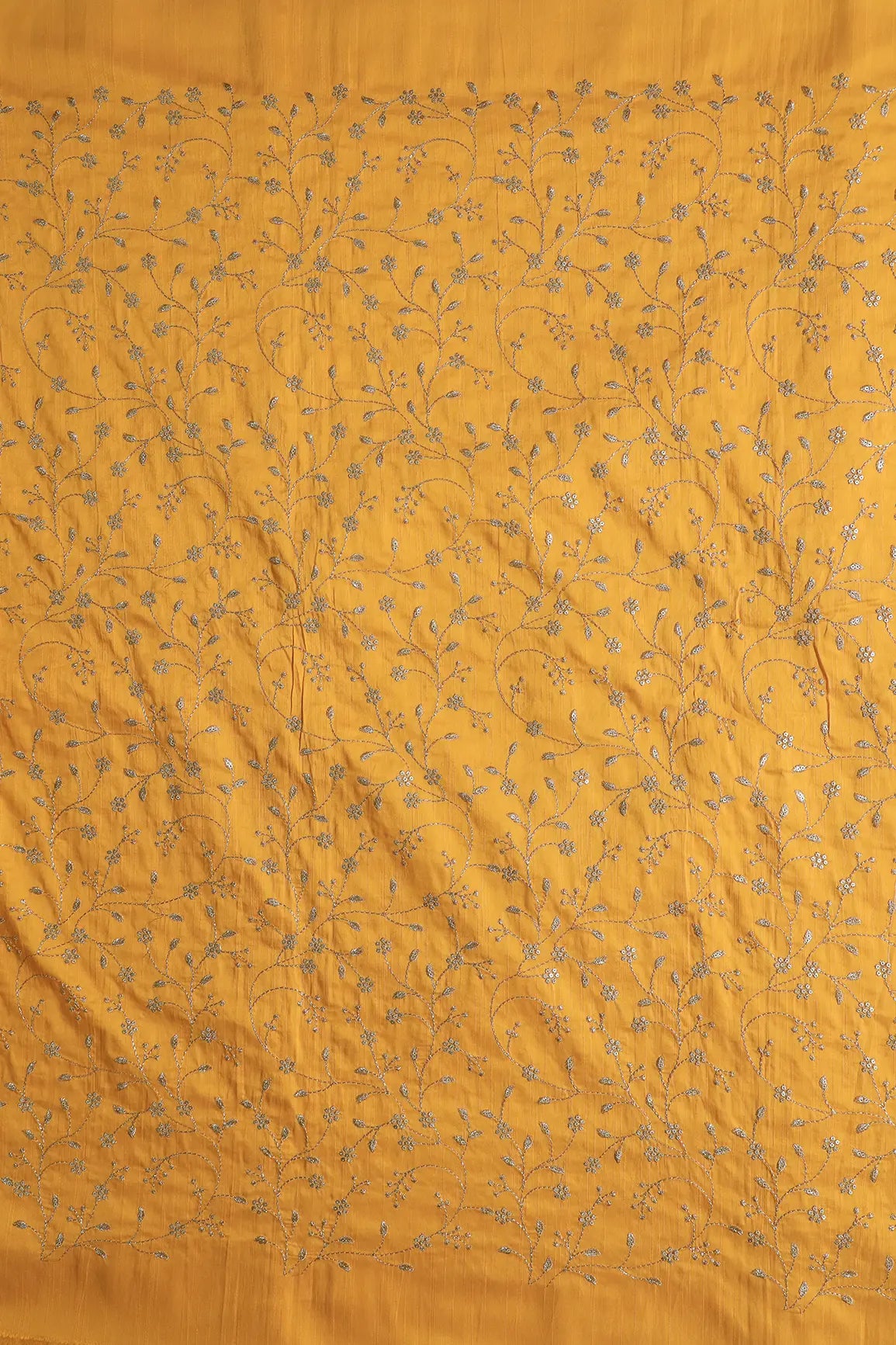 Gold Sequins With Gold Zari Floral Leafy Embroidery Work On Yellow Raw Silk Fabric
