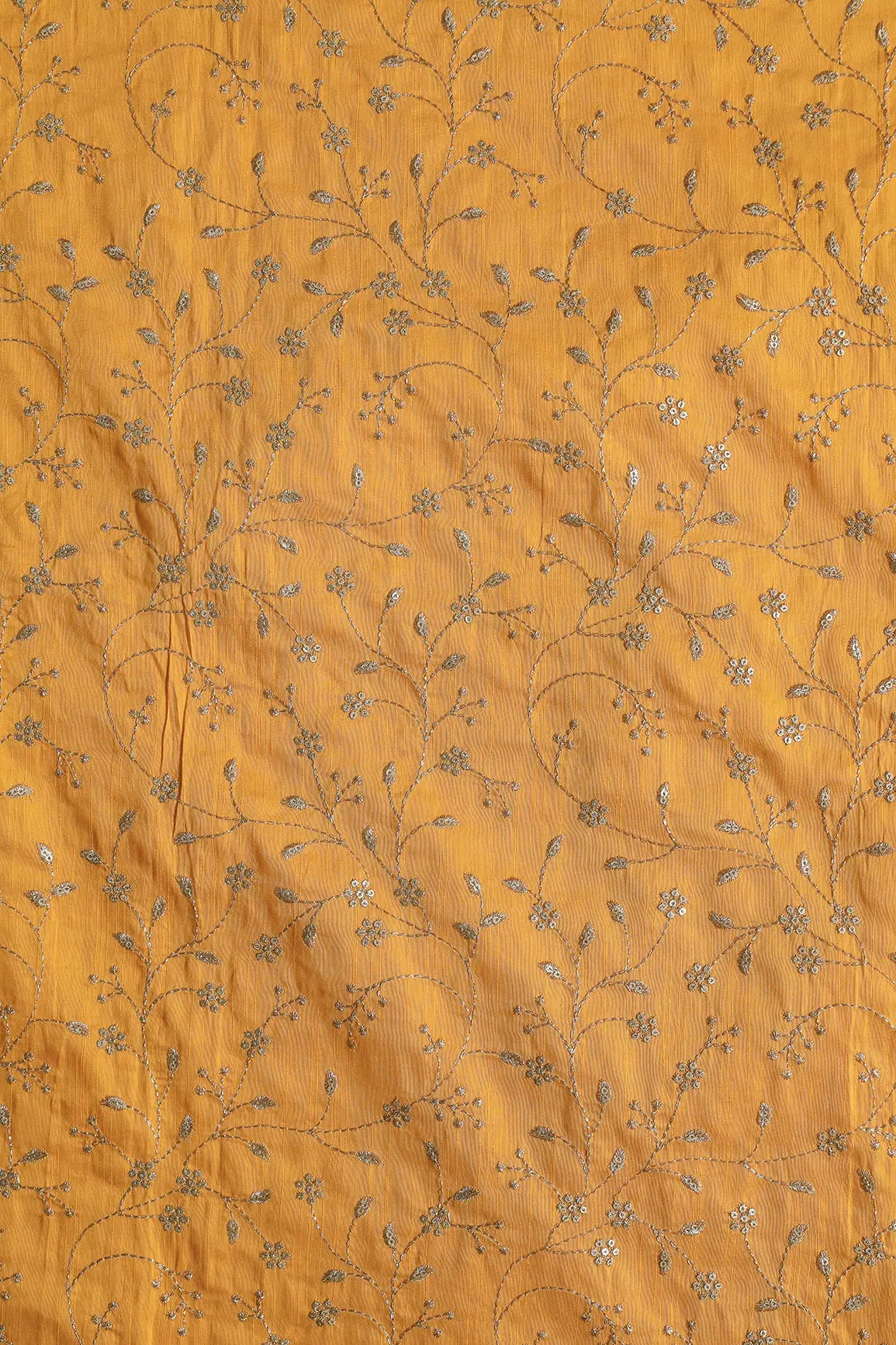 Gold Sequins With Gold Zari Floral Leafy Embroidery Work On Yellow Raw Silk Fabric