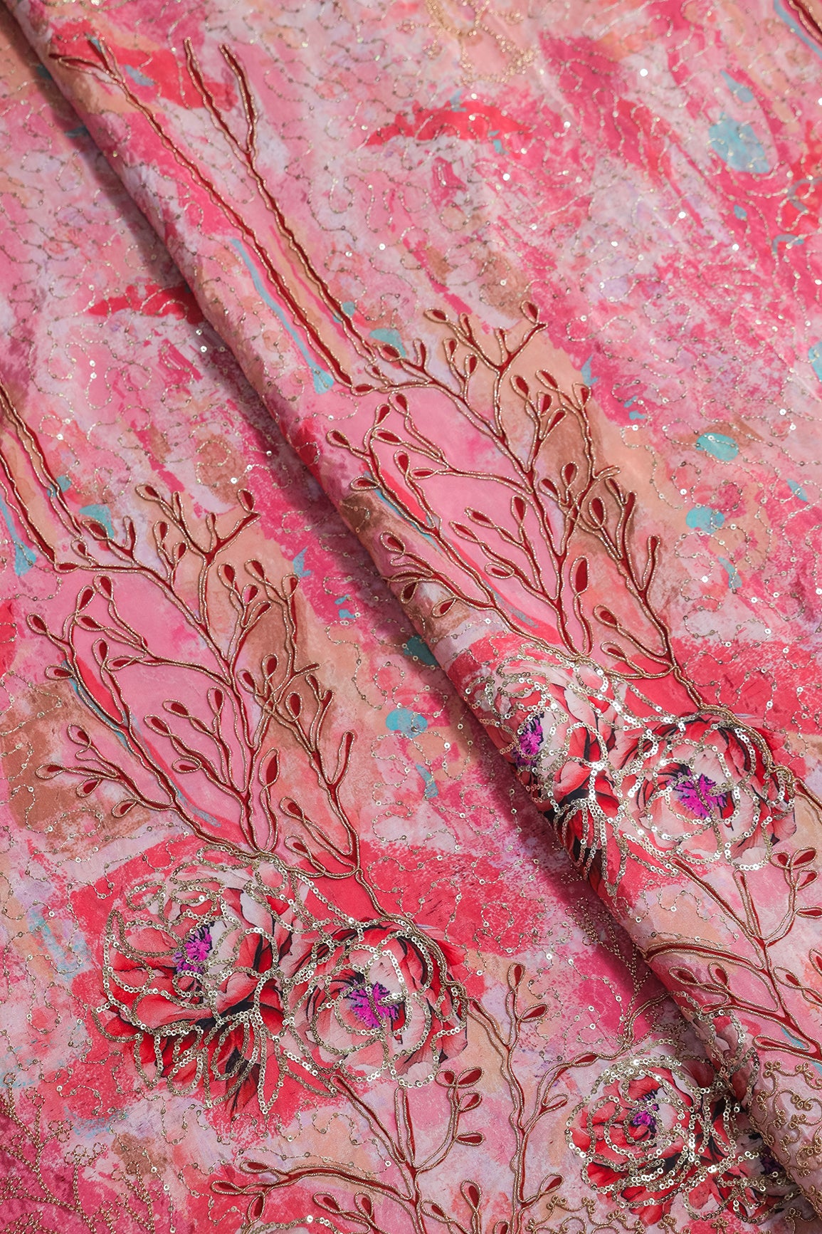 Floral Positional Print On Sequins With Zari Embroidery Work On Pink Pure Crepe Fabric