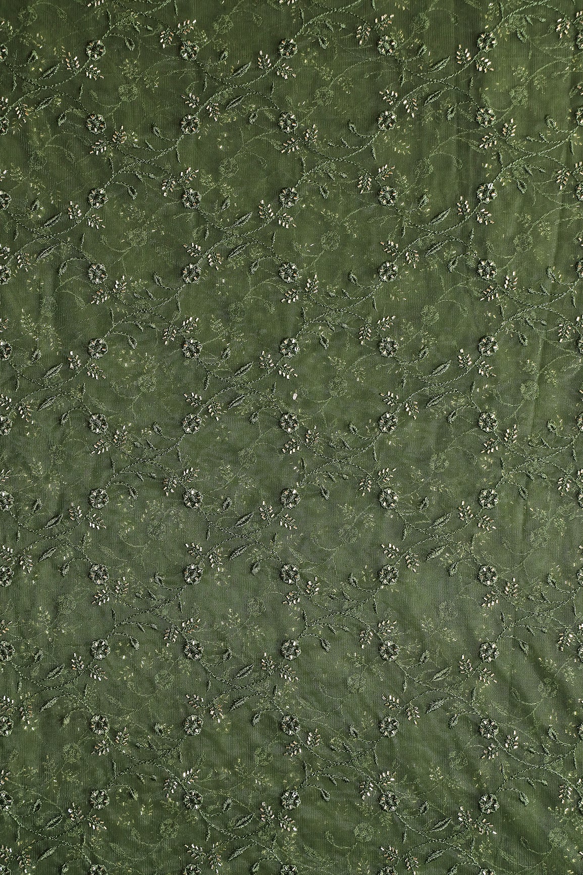 Mehndi Green Thread With Beads Floral Leafy Embroidery Work On Mehndi Green Soft Net Fabric