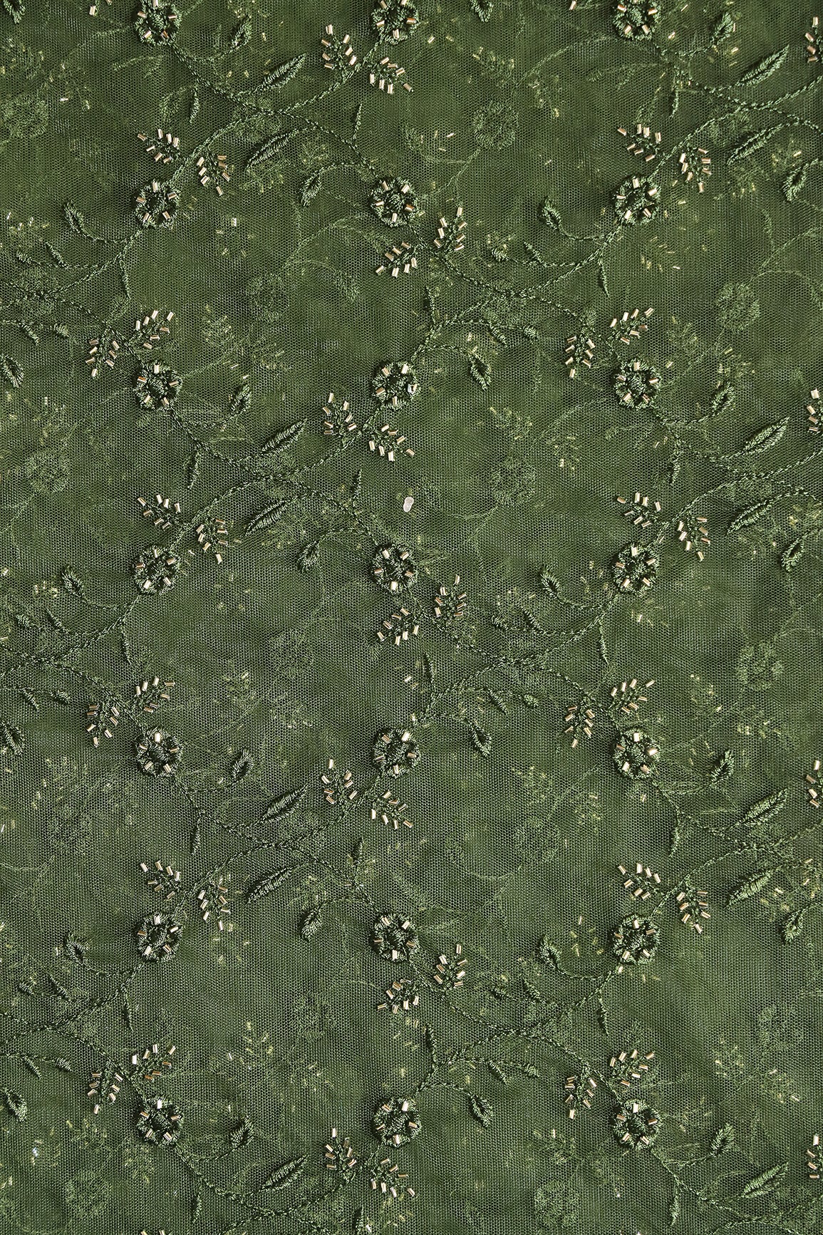 Mehndi Green Thread With Beads Floral Leafy Embroidery Work On Mehndi Green Soft Net Fabric