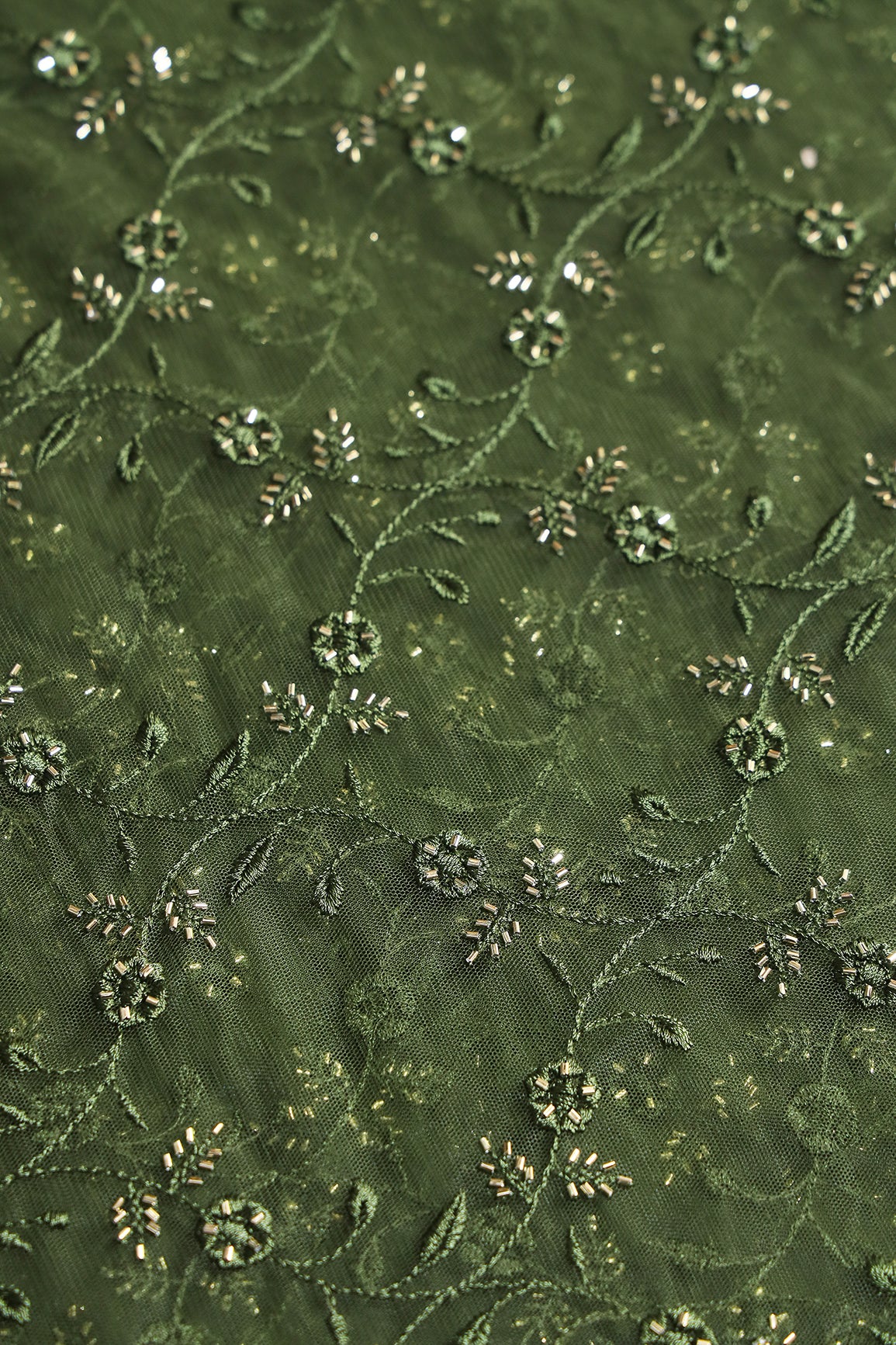 Mehndi Green Thread With Beads Floral Leafy Embroidery Work On Mehndi Green Soft Net Fabric