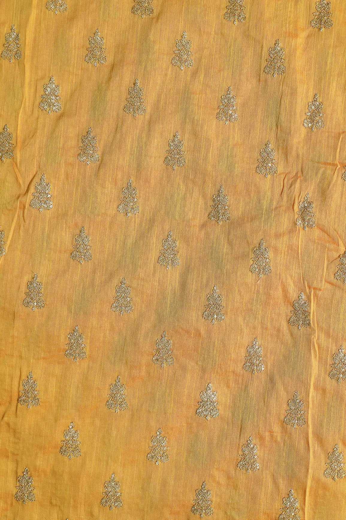 Gold Sequins With Gold Zari Big Motif Embroidery Work On Yellow Raw Silk Fabric