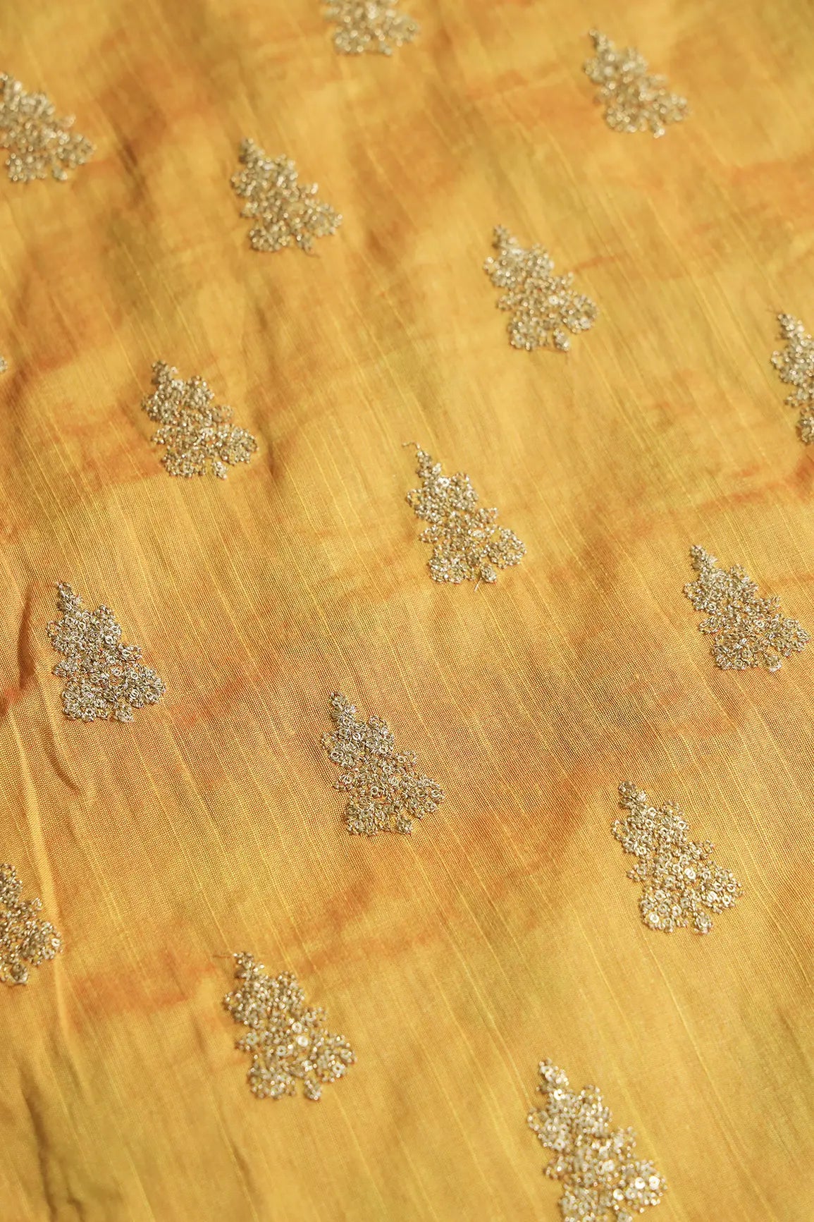 Gold Sequins With Gold Zari Big Motif Embroidery Work On Yellow Raw Silk Fabric