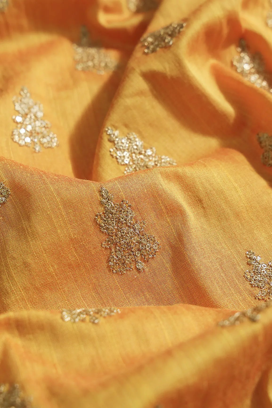 Gold Sequins With Gold Zari Big Motif Embroidery Work On Yellow Raw Silk Fabric