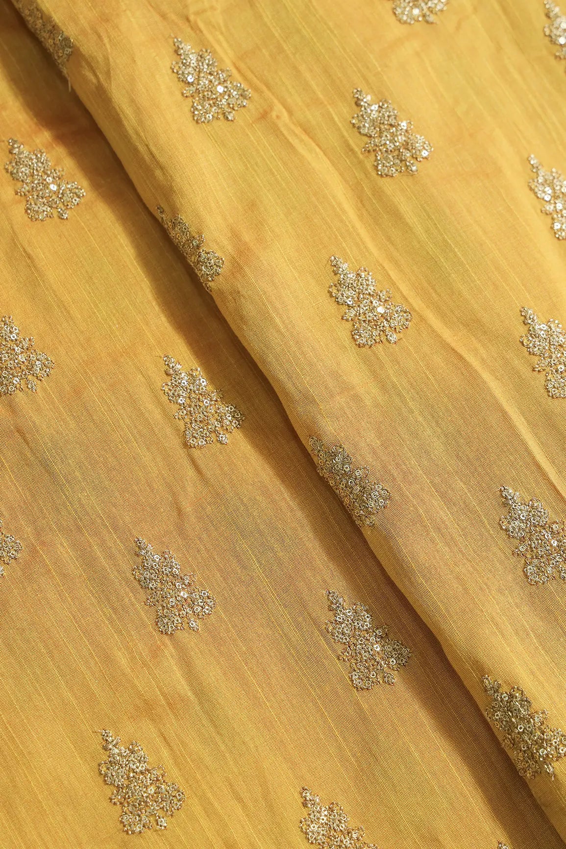 Gold Sequins With Gold Zari Big Motif Embroidery Work On Yellow Raw Silk Fabric