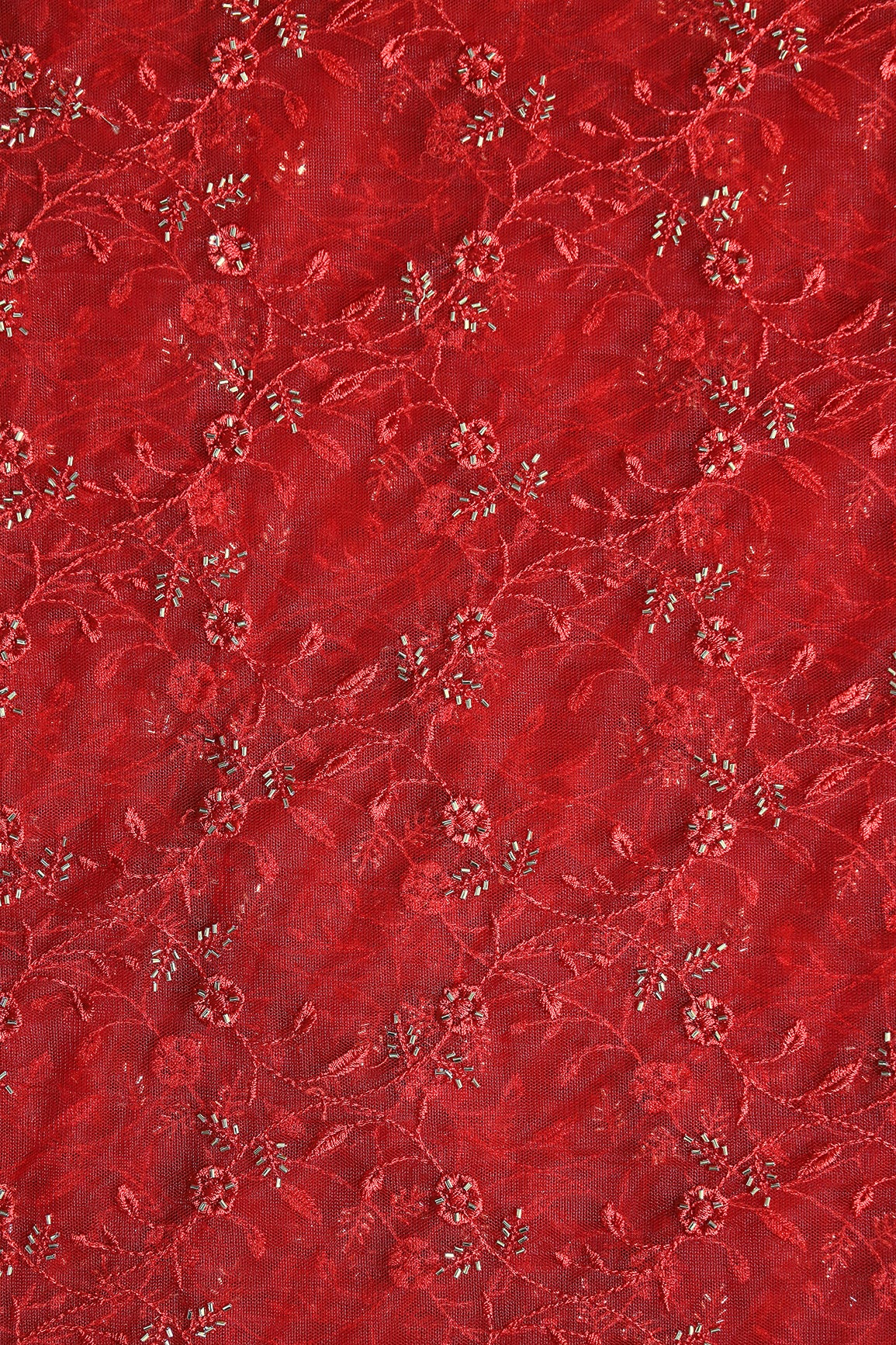 Red Thread With Beads Floral Leafy Embroidery Work On Red Soft Net Fabric