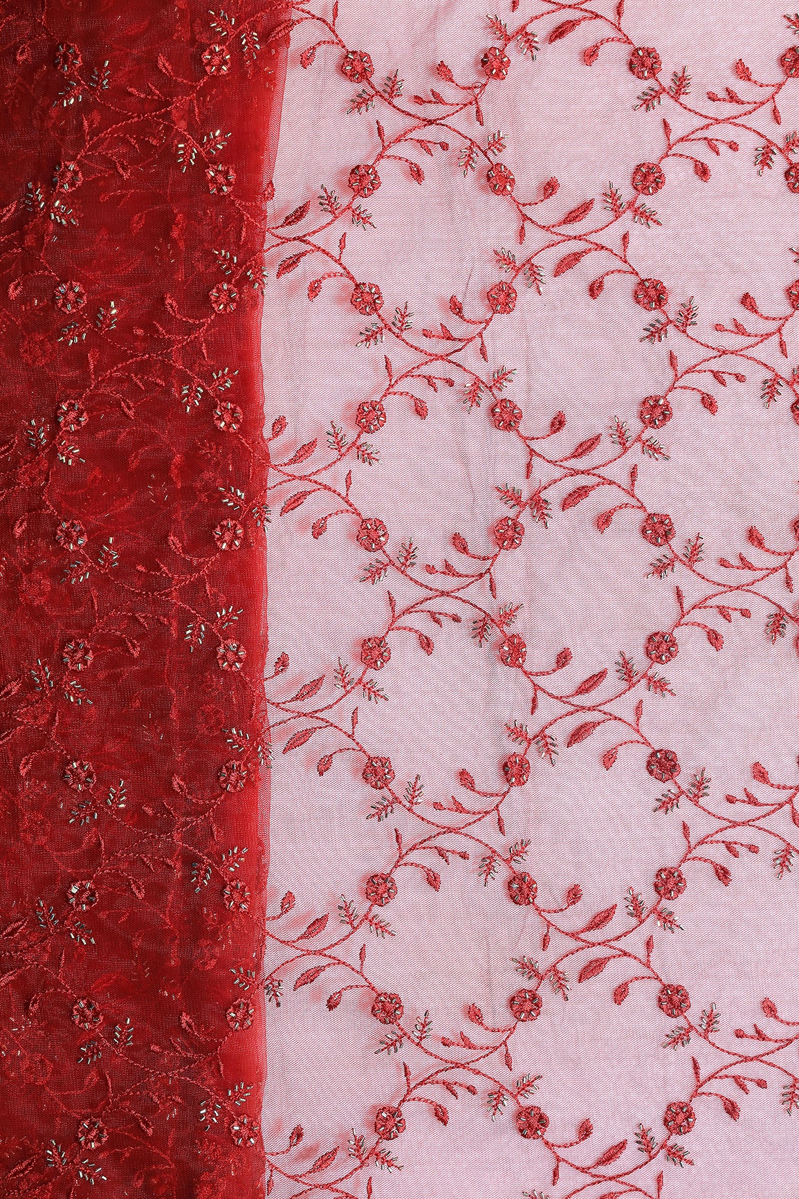 Red Thread With Beads Floral Leafy Embroidery Work On Red Soft Net Fabric