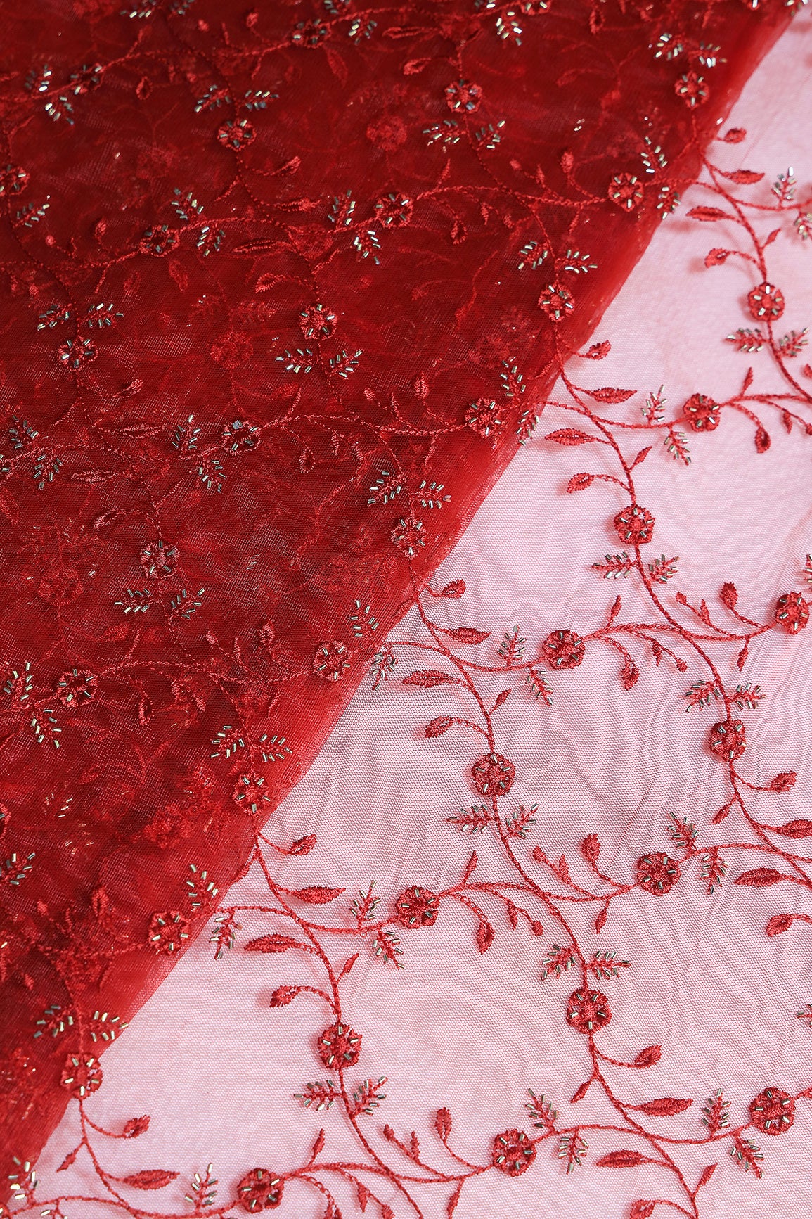 Red Thread With Beads Floral Leafy Embroidery Work On Red Soft Net Fabric