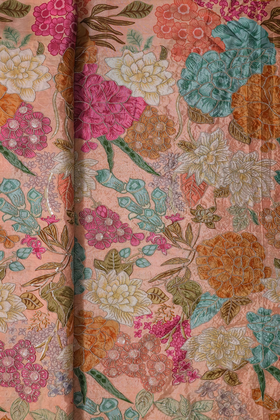 Zari with Sequins Floral Positional Print On Peach Pure Crepe Fabric