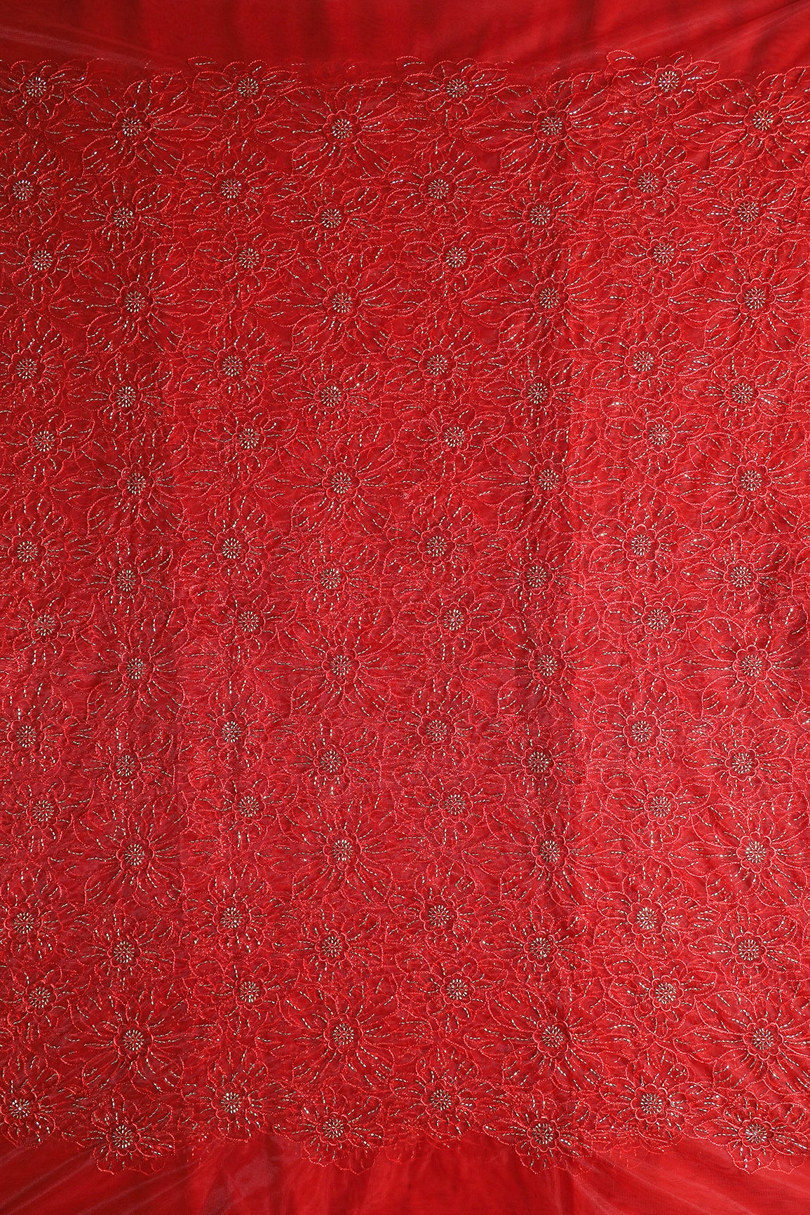 Red Thread With Beads Floral Embroidery Work On Red Soft Net Fabric