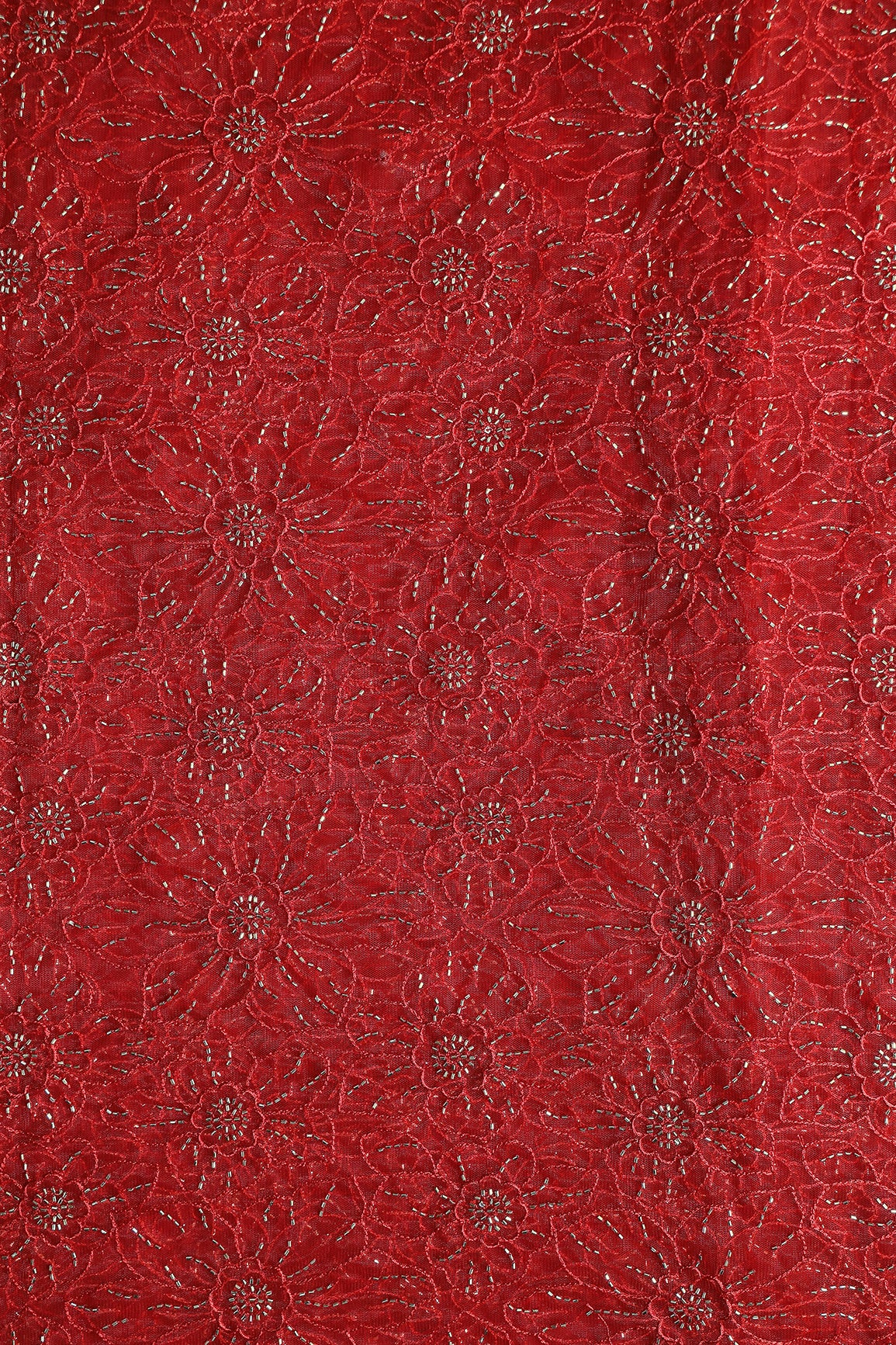 Red Thread With Beads Floral Embroidery Work On Red Soft Net Fabric