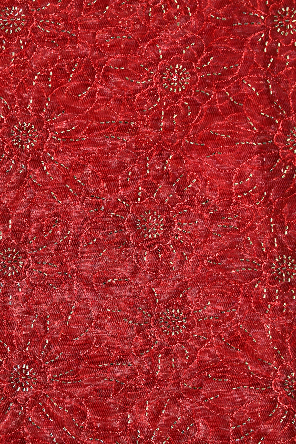 Red Thread With Beads Floral Embroidery Work On Red Soft Net Fabric