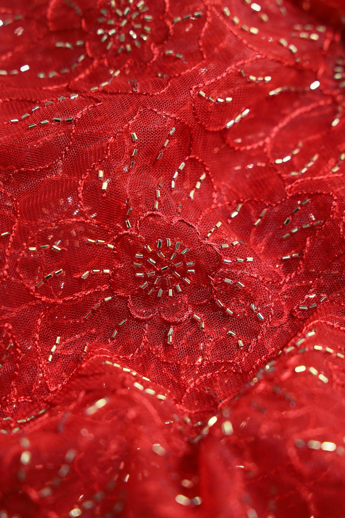 Red Thread With Beads Floral Embroidery Work On Red Soft Net Fabric