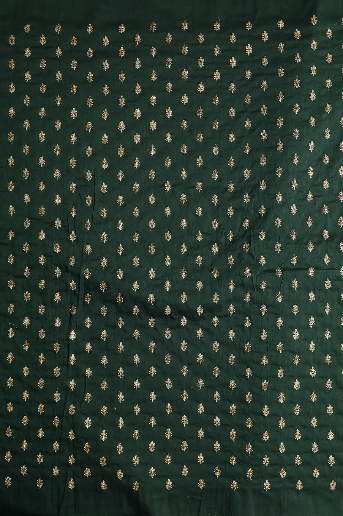 Gold Sequins With Gold Zari Small Motif Embroidery Work On Bottle Green Raw Silk Fabric