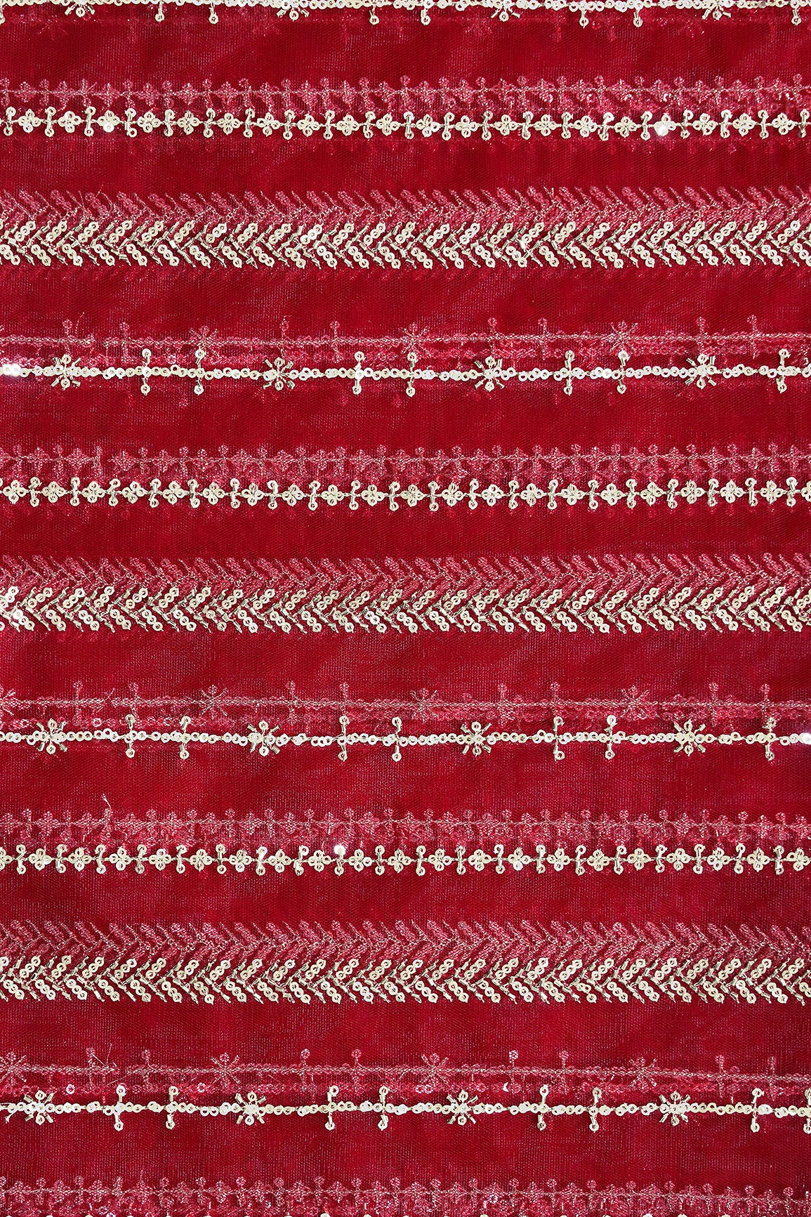 Gold Beads With Gold Sequins Beautiful Stripes Embroidery Work On Red Soft Net Fabric