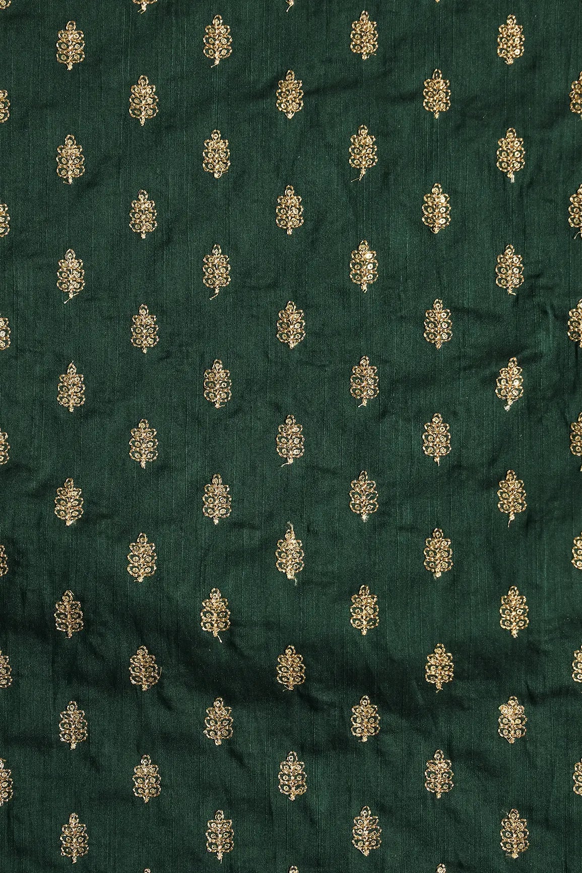 Gold Sequins With Gold Zari Small Motif Embroidery Work On Bottle Green Raw Silk Fabric