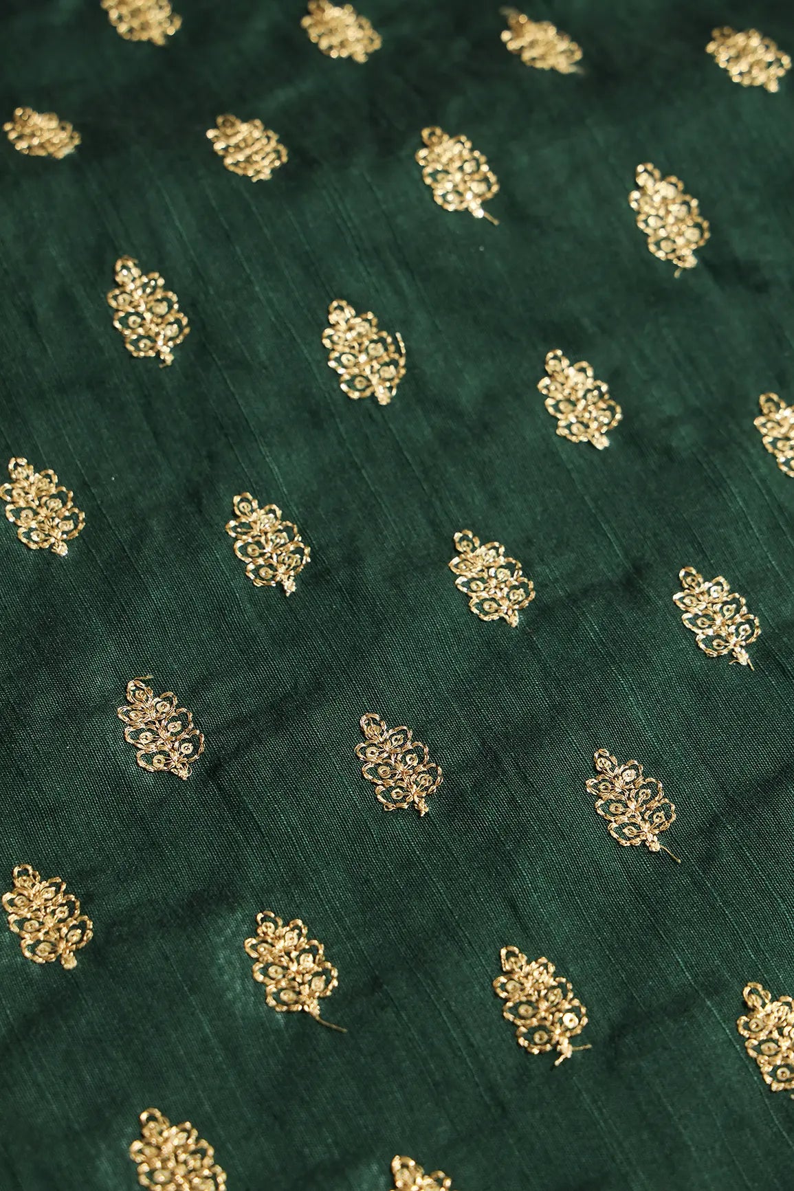 Gold Sequins With Gold Zari Small Motif Embroidery Work On Bottle Green Raw Silk Fabric