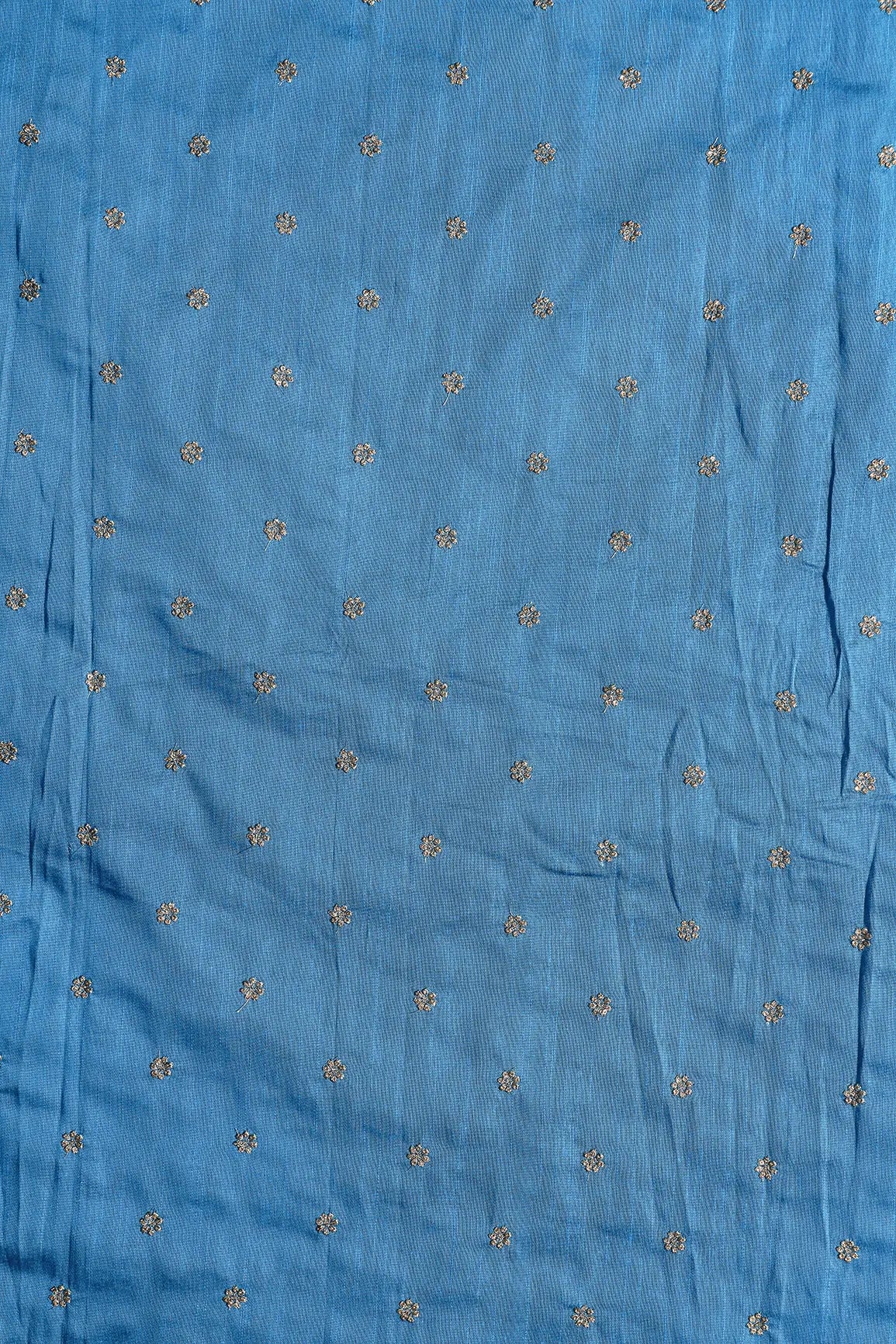 Gold Sequins With Gold Zari Small Motif Embroidery Work On Rama Blue Raw Silk Fabric