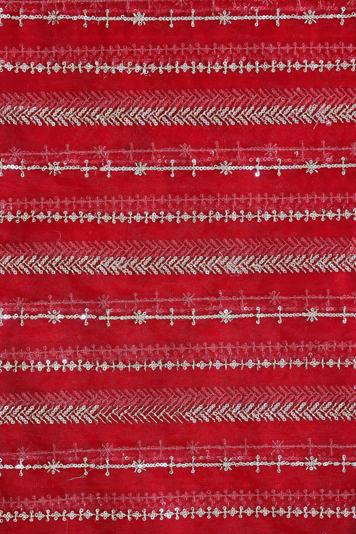 Gold Beads With Gold Sequins Beautiful Stripes Embroidery Work On Bright Red Soft Net Fabric