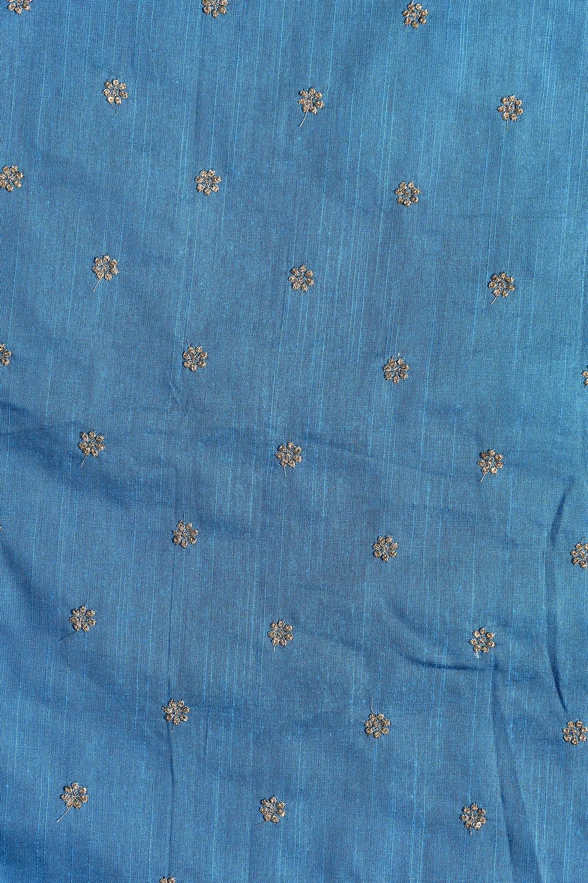 Gold Sequins With Gold Zari Small Motif Embroidery Work On Rama Blue Raw Silk Fabric