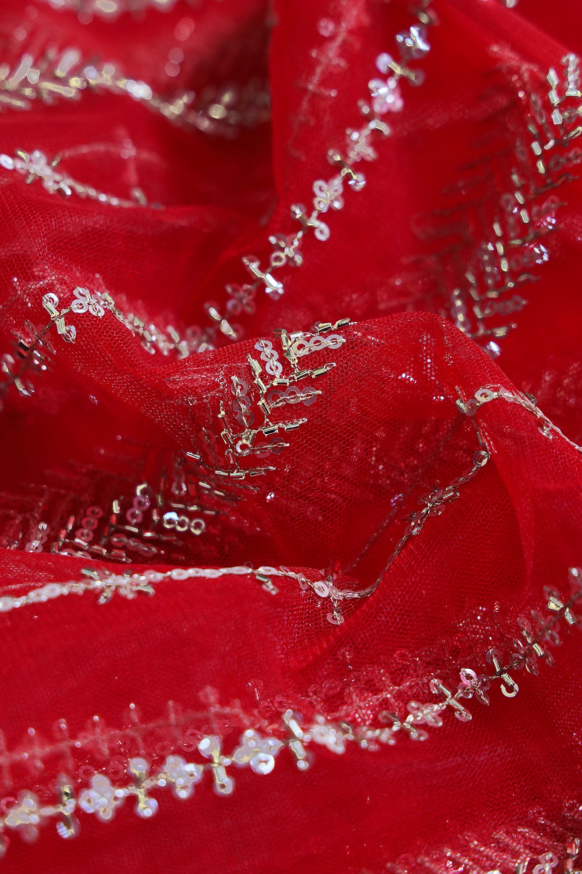 Gold Beads With Gold Sequins Beautiful Stripes Embroidery Work On Bright Red Soft Net Fabric