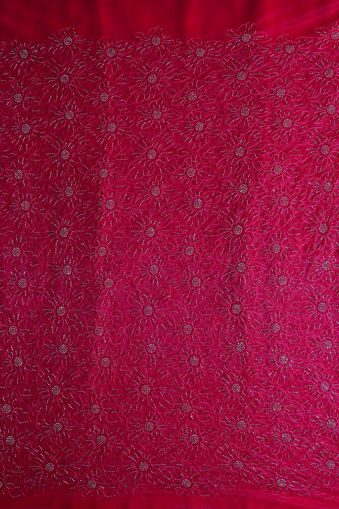 Cherry Red Thread With Beads Floral Embroidery Work On Cherry Red Soft Net Fabric