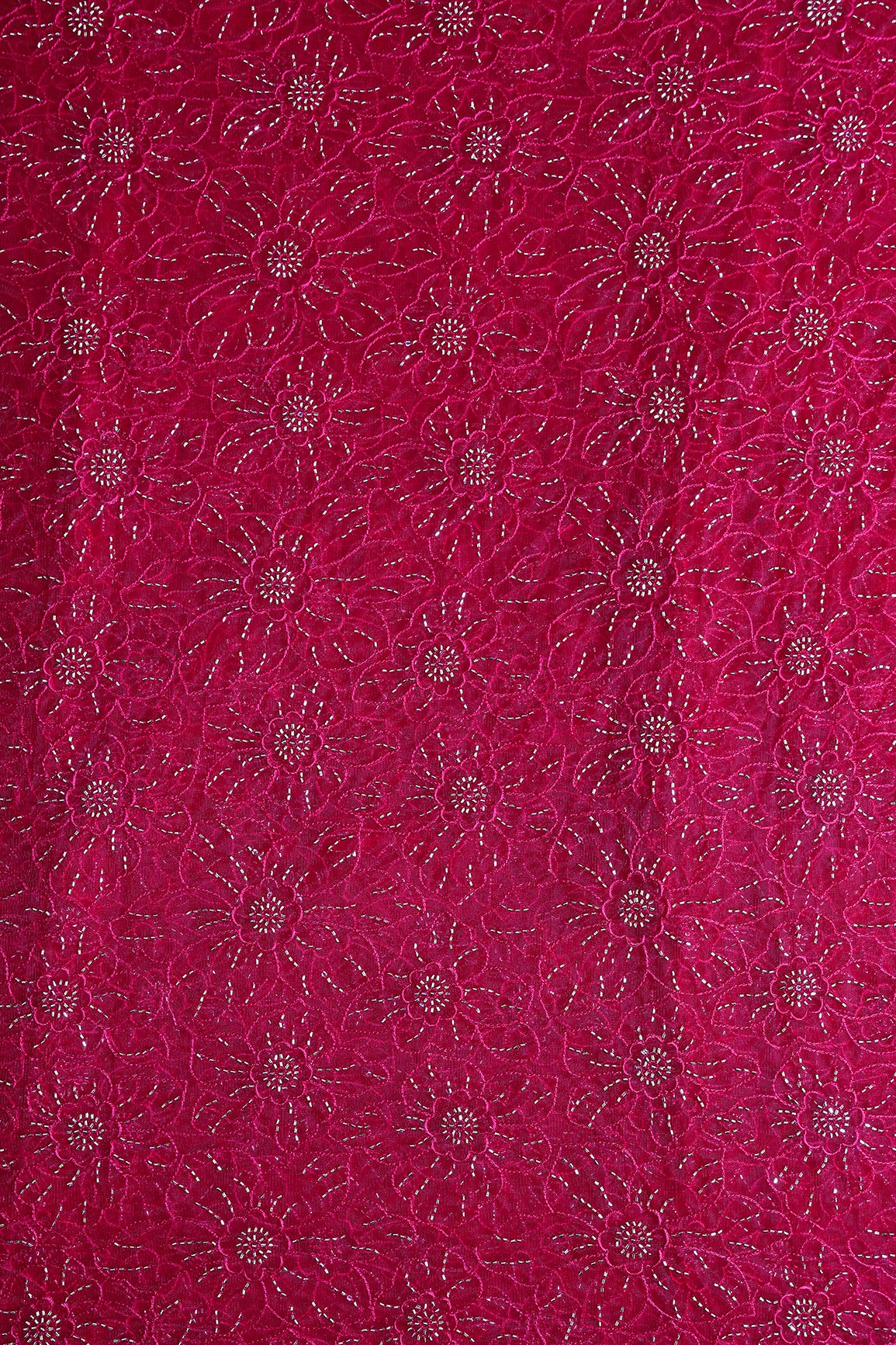 Cherry Red Thread With Beads Floral Embroidery Work On Cherry Red Soft Net Fabric