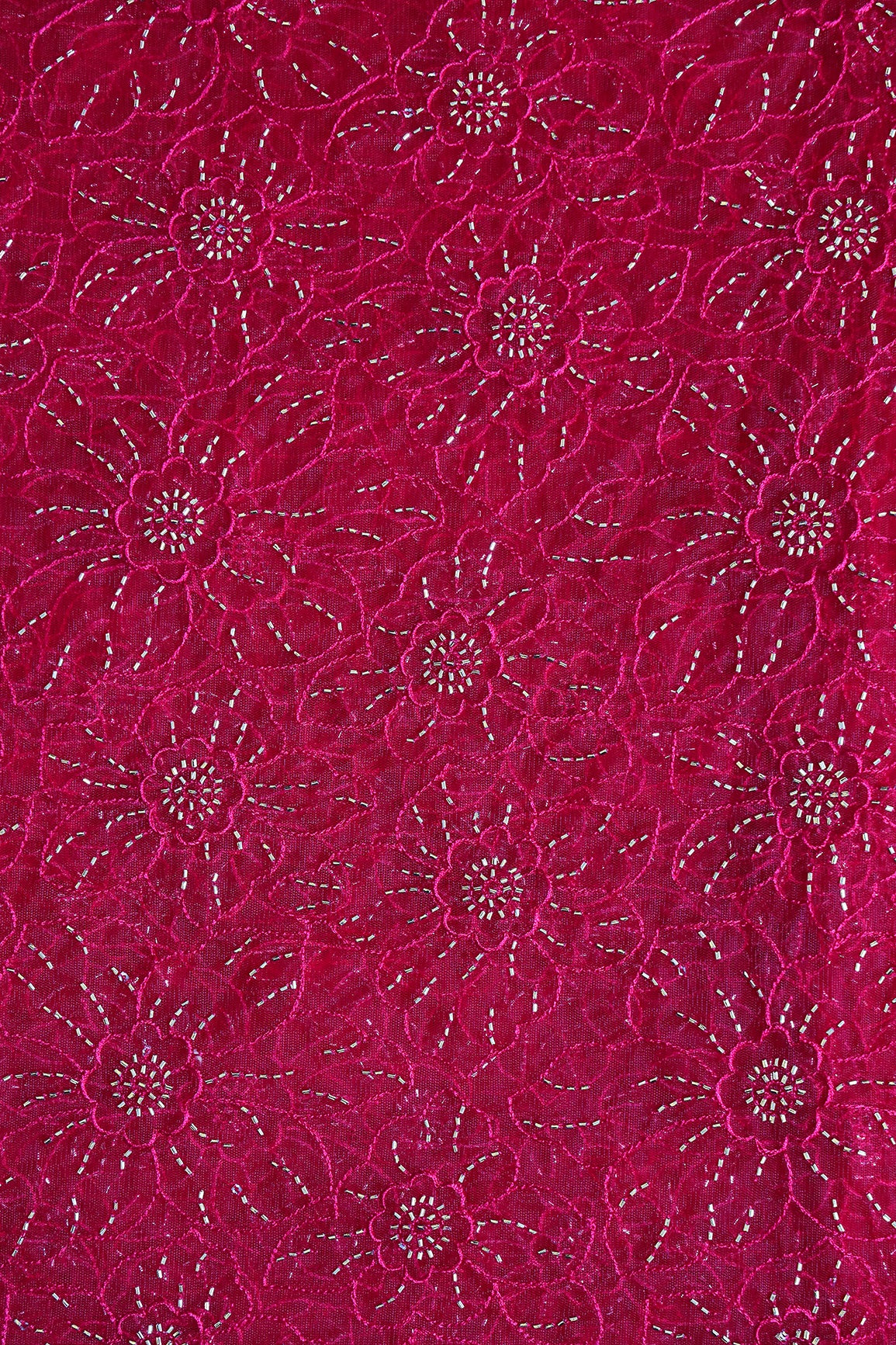 Cherry Red Thread With Beads Floral Embroidery Work On Cherry Red Soft Net Fabric