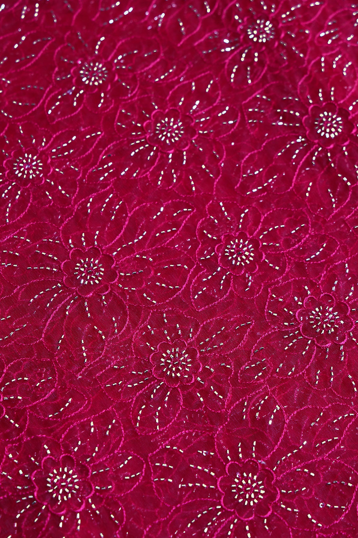 Cherry Red Thread With Beads Floral Embroidery Work On Cherry Red Soft Net Fabric