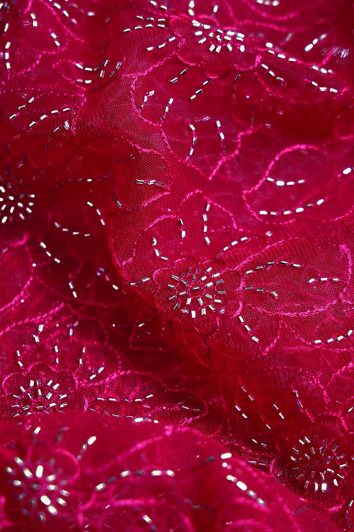 Cherry Red Thread With Beads Floral Embroidery Work On Cherry Red Soft Net Fabric