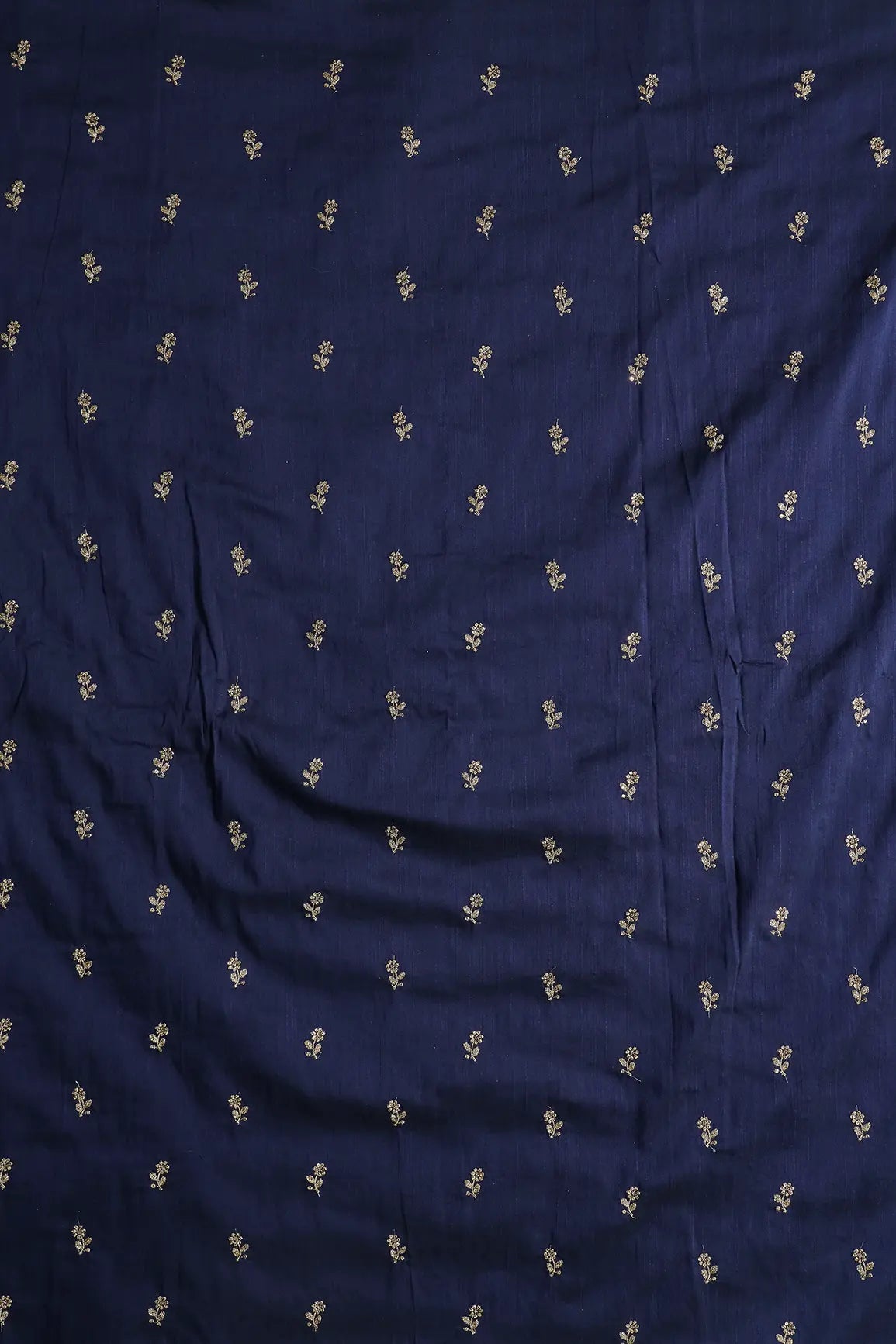 Gold Sequins With Gold Zari Small Floral Motif Embroidery Work On Navy Blue Raw Silk Fabric