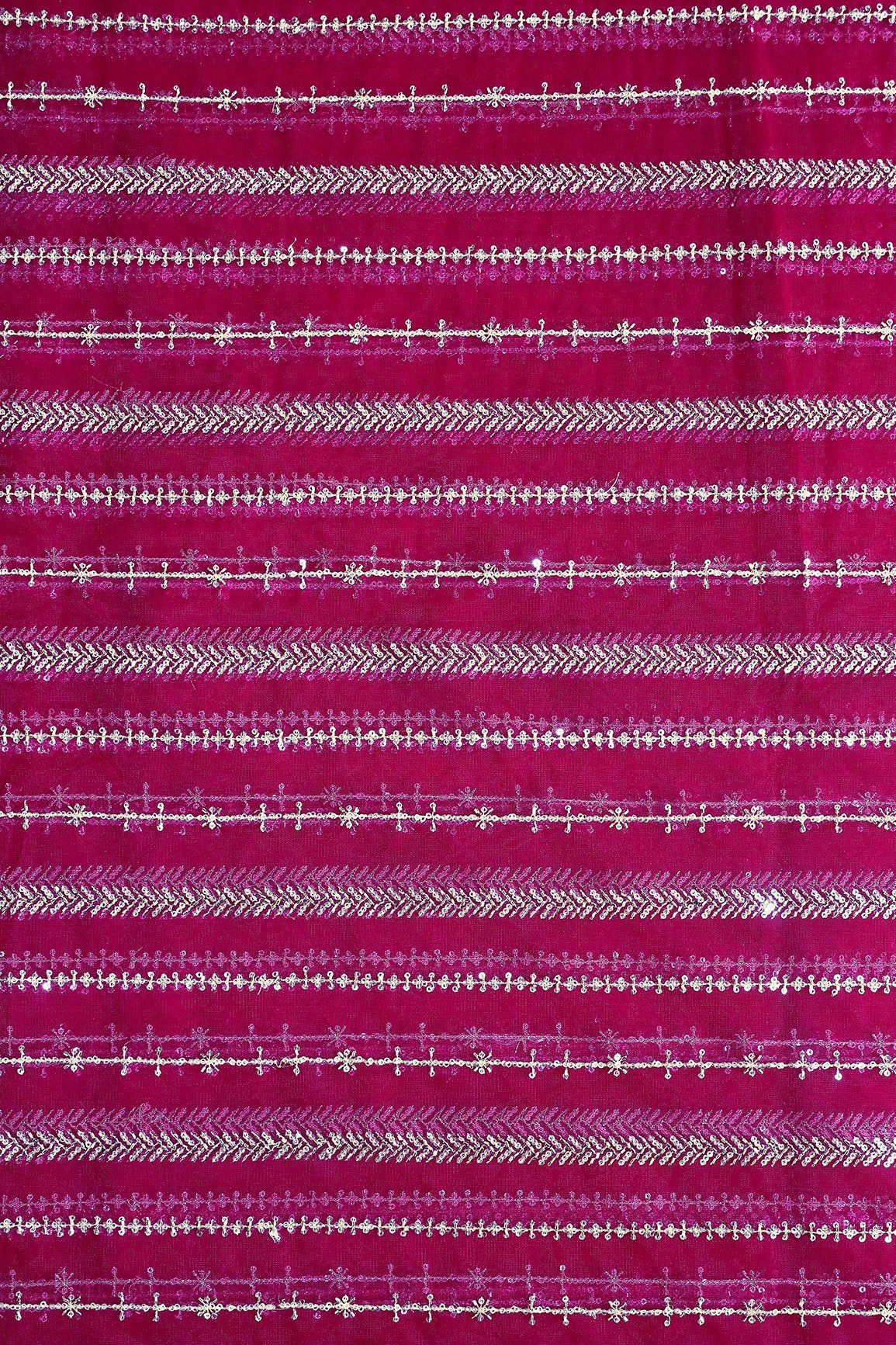 Gold Beads With Gold Sequins Beautiful Stripes Embroidery Work On Fuchsia Soft Net Fabric