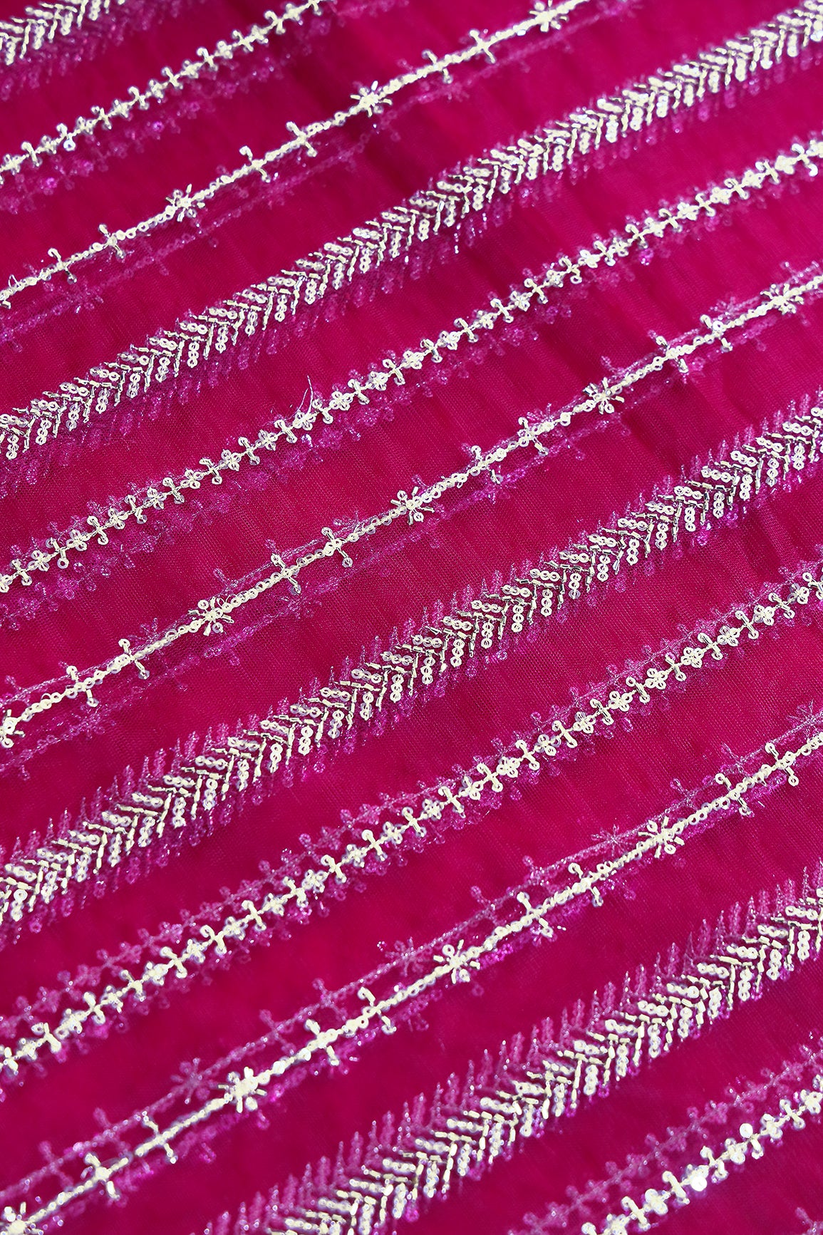 Gold Beads With Gold Sequins Beautiful Stripes Embroidery Work On Fuchsia Soft Net Fabric