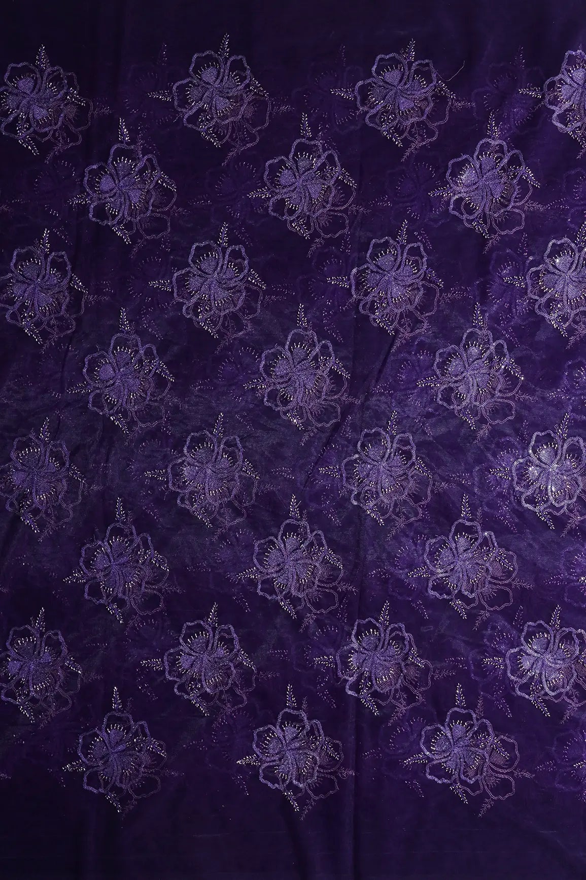 Purple Thread & Gold Beads With Water Sequins Floral Embroidery On Purple Soft Net Fabric