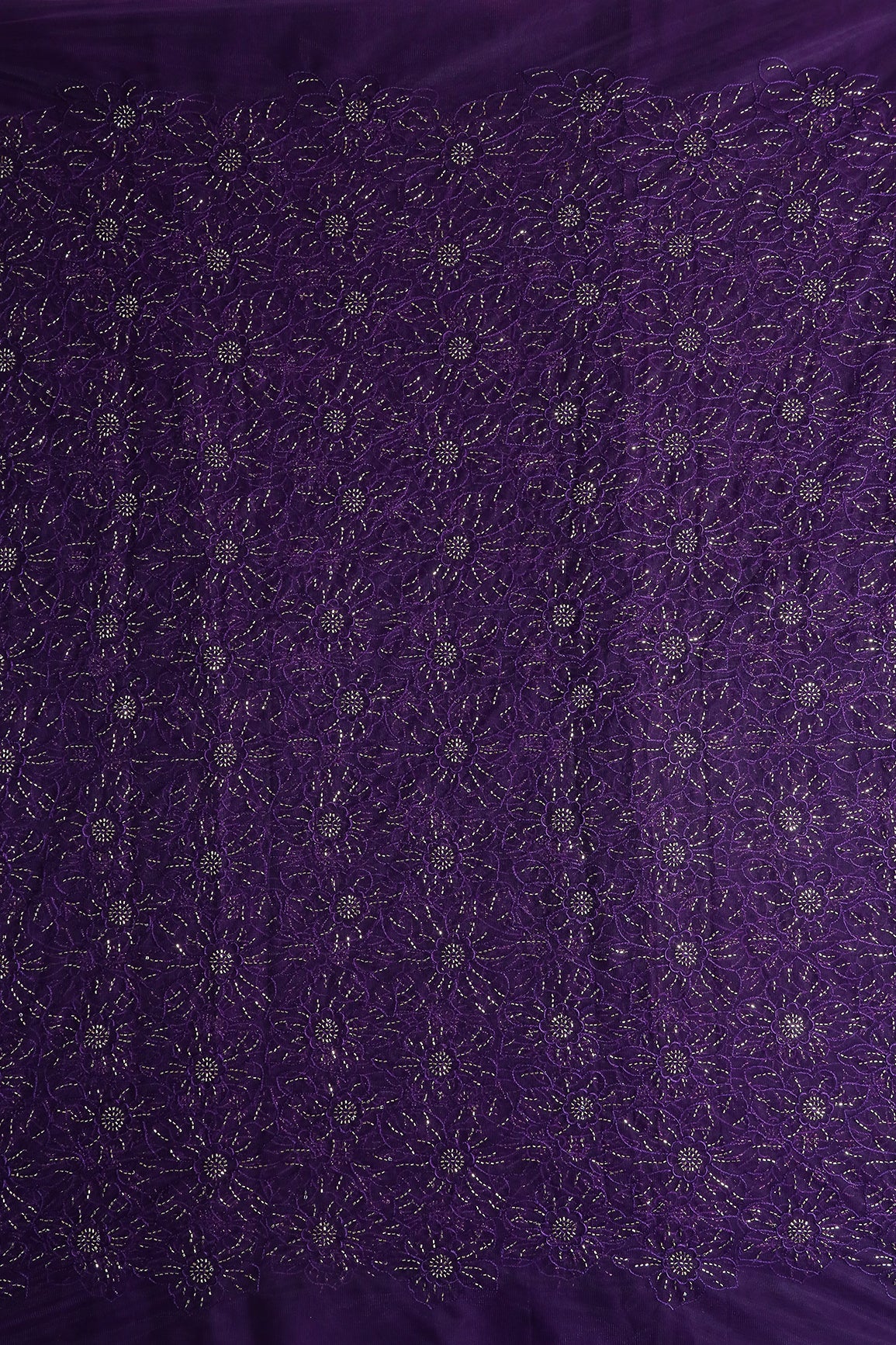Purple Thread With Beads Floral Embroidery Work On Purple Soft Net Fabric