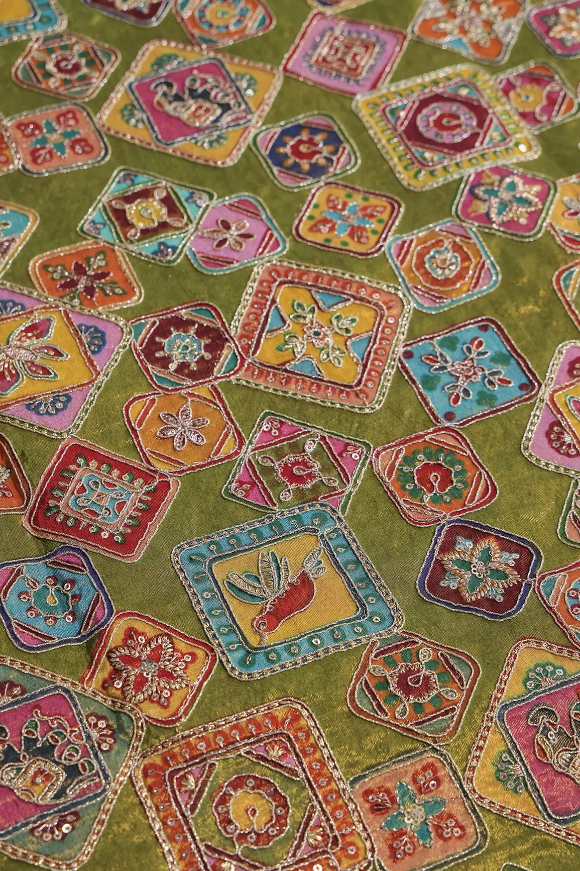Gold Zari With Sequins Traditional Embroidery Work On Green Pure Viscose Zari Tissue Fabric