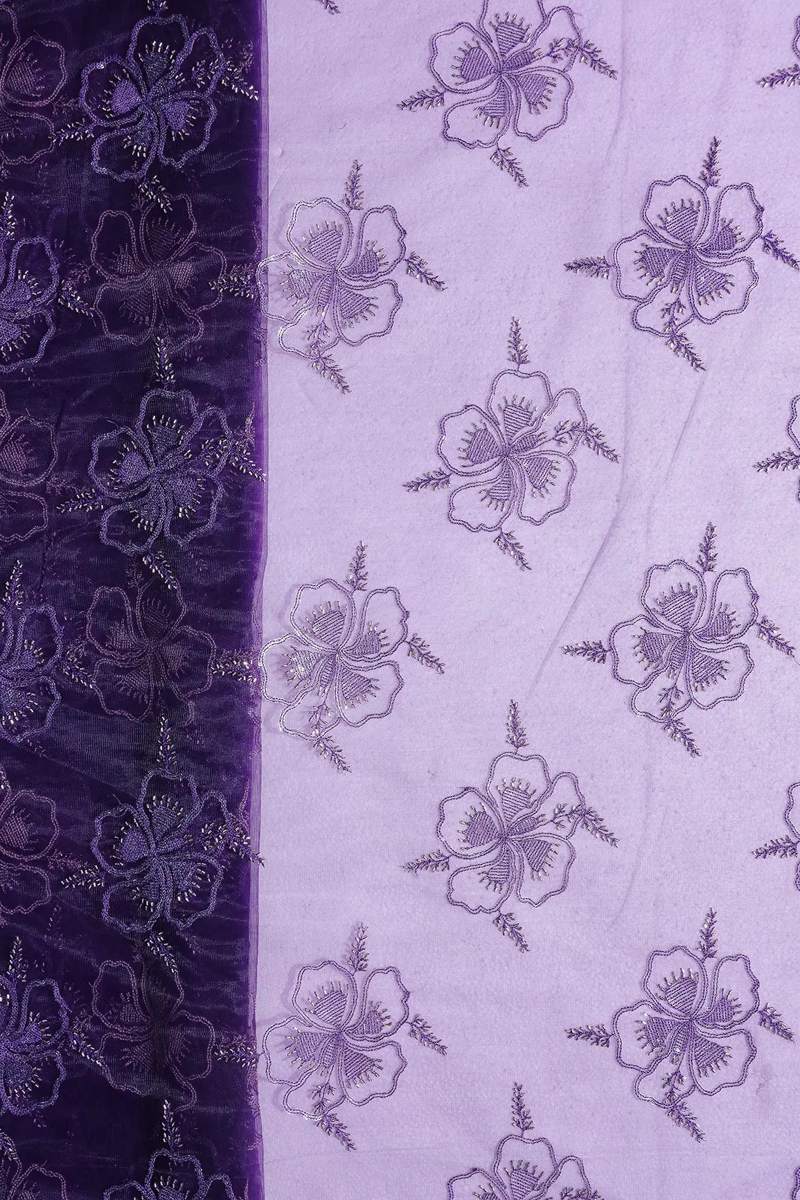Purple Thread & Gold Beads With Water Sequins Floral Embroidery On Purple Soft Net Fabric