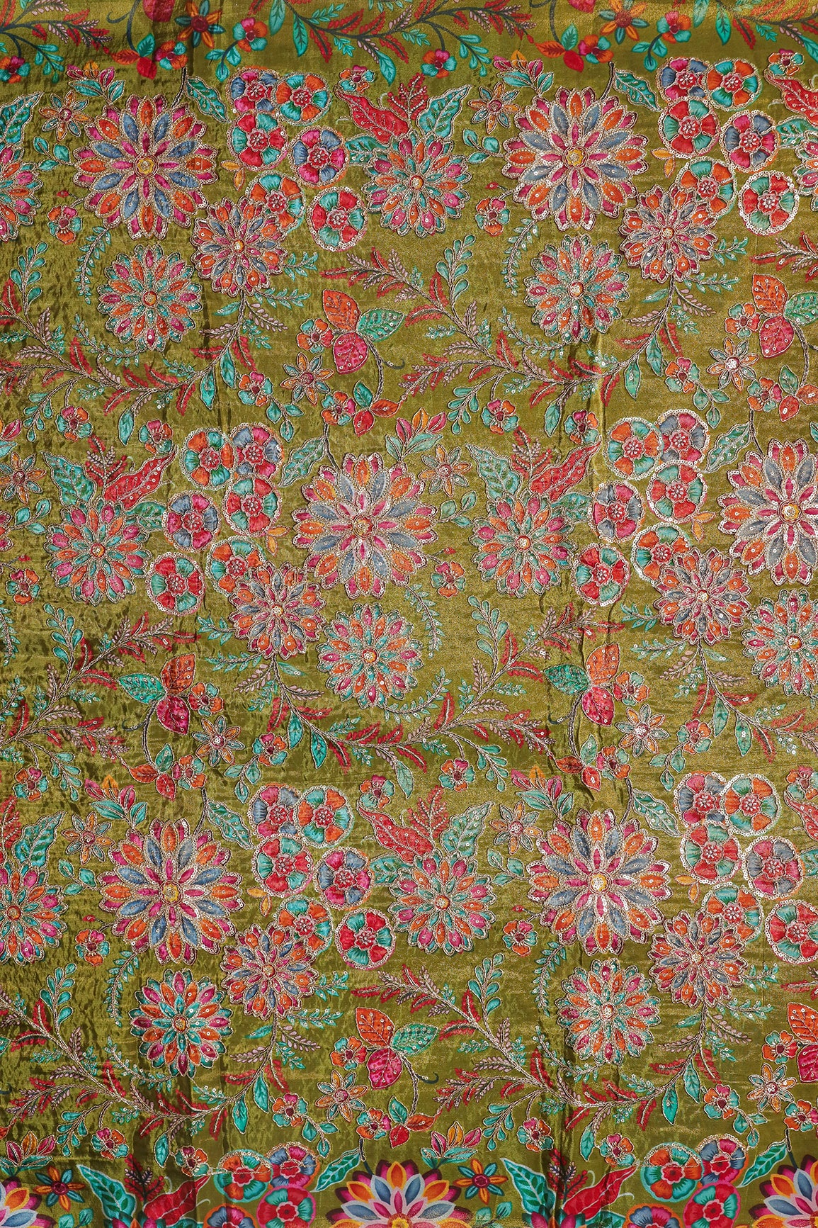Floral Positional Print On Sequins With Zari Embroidery On Green Viscose Zari Tissue Fabric