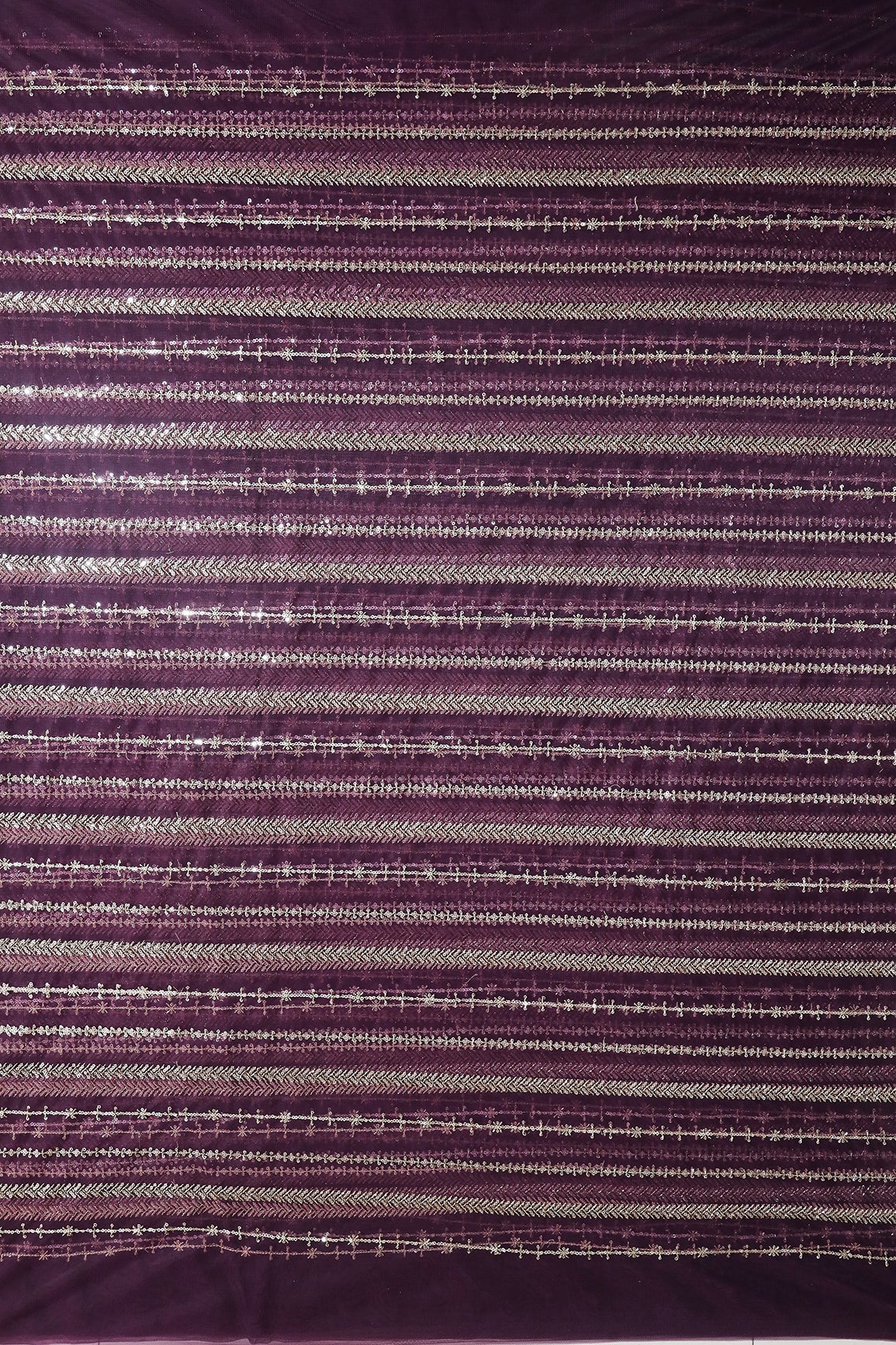 Gold Beads With Gold Sequins Beautiful Stripes Embroidery Work On Wine Soft Net Fabric