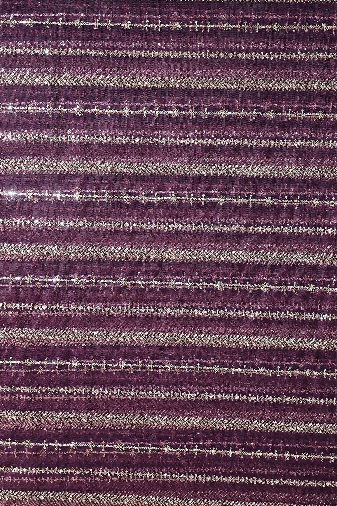 Gold Beads With Gold Sequins Beautiful Stripes Embroidery Work On Wine Soft Net Fabric