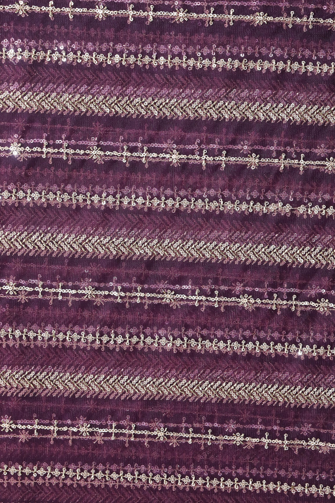 Gold Beads With Gold Sequins Beautiful Stripes Embroidery Work On Wine Soft Net Fabric
