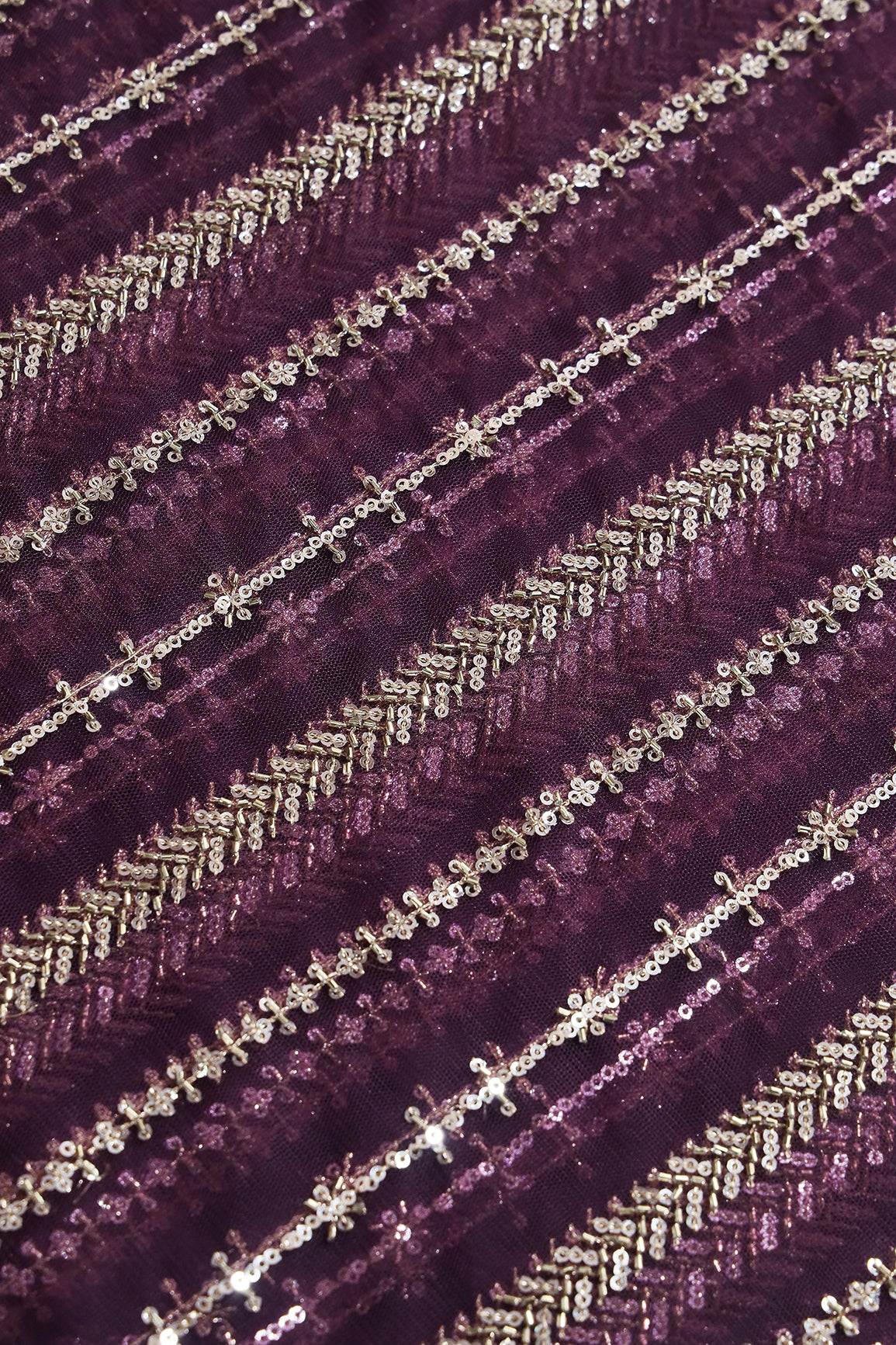 Gold Beads With Gold Sequins Beautiful Stripes Embroidery Work On Wine Soft Net Fabric