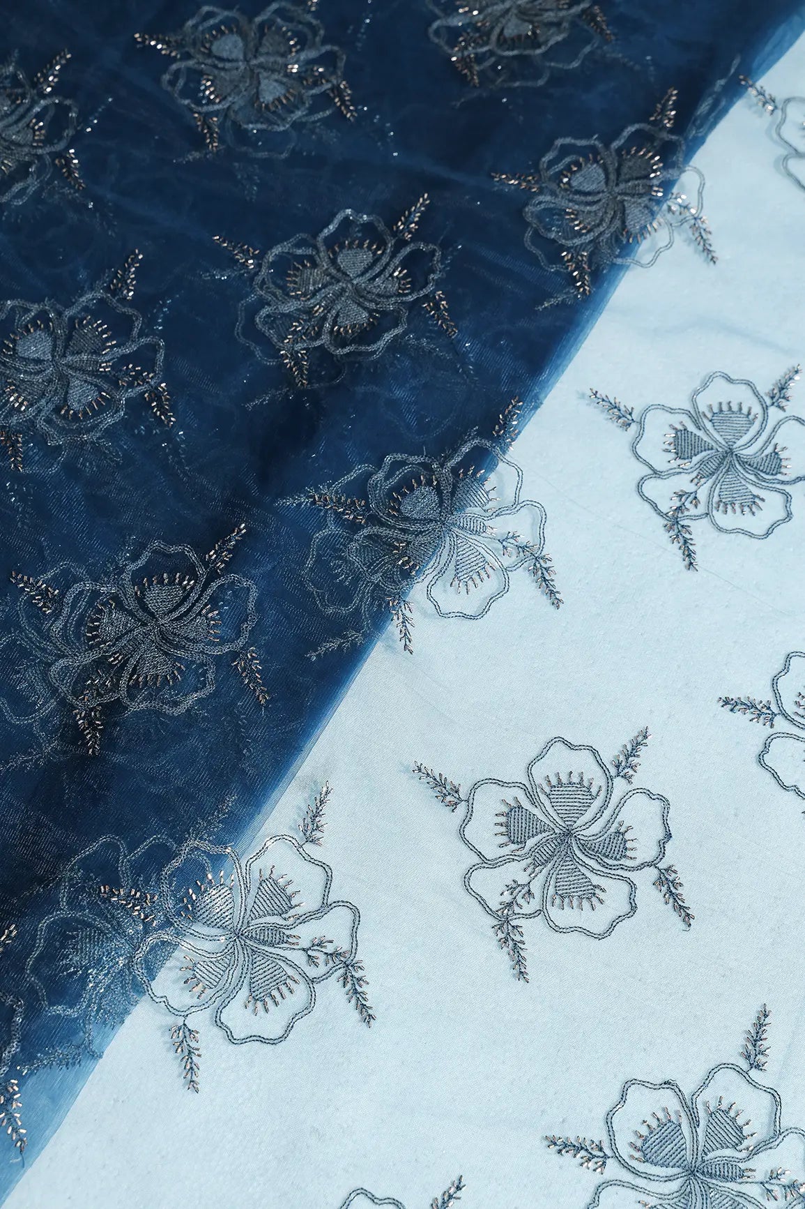 Prussian Blue Thread & Gold Beads With Water Sequins Floral Embroidery On Prussian Blue Soft Net Fabric