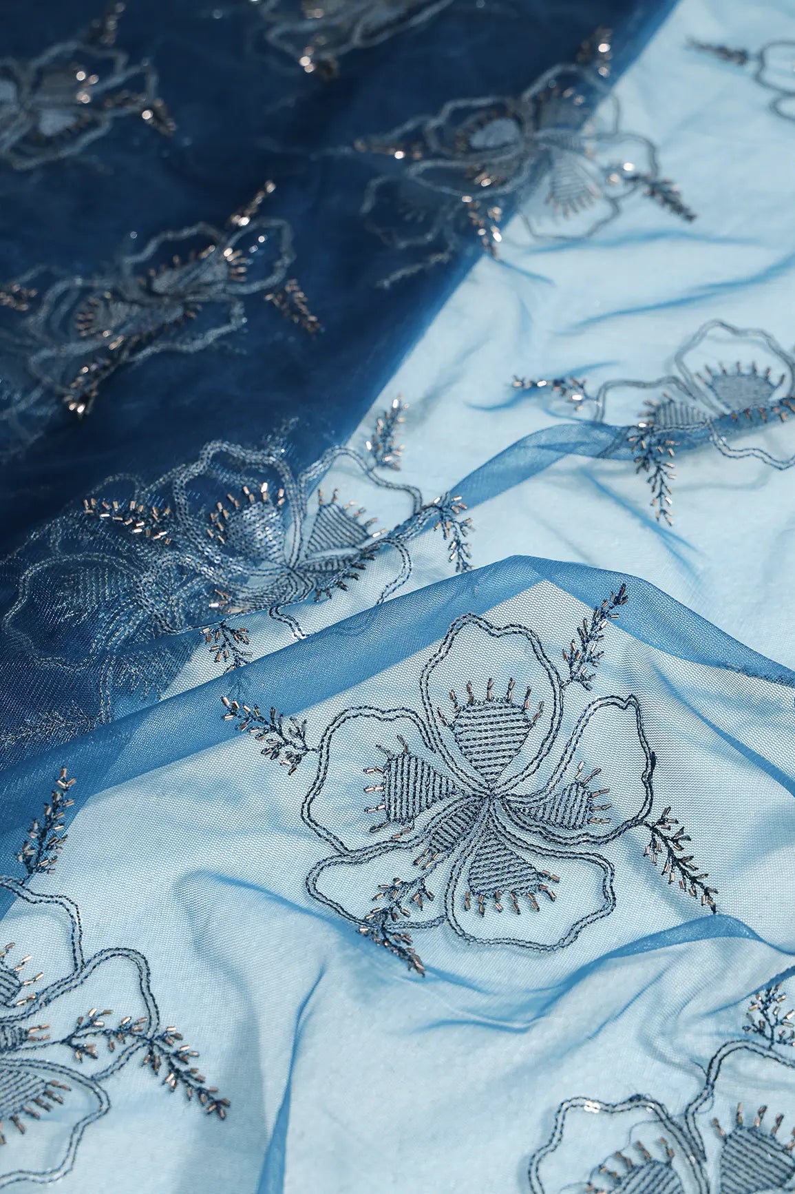 Prussian Blue Thread & Gold Beads With Water Sequins Floral Embroidery On Prussian Blue Soft Net Fabric