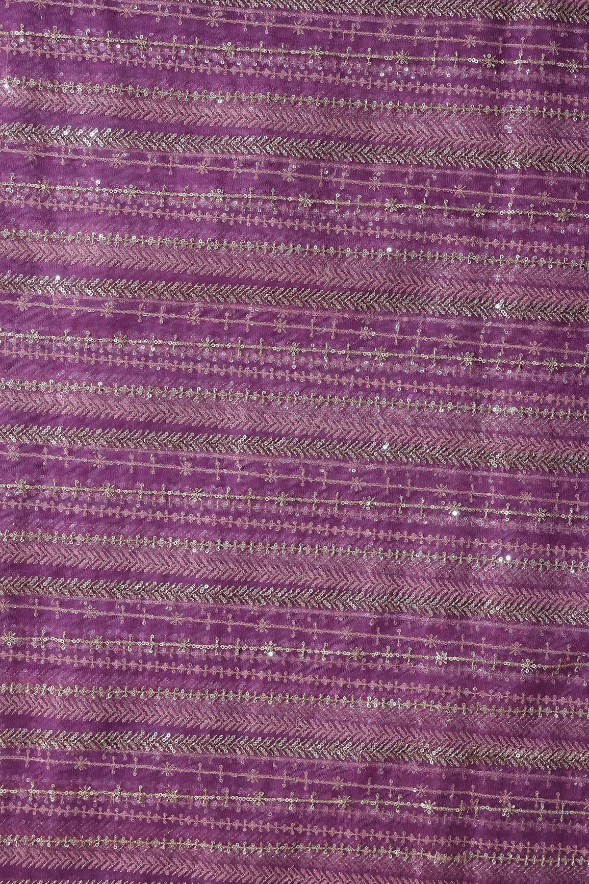 Gold Beads With Gold Sequins Beautiful Stripes Embroidery Work On Lavender Soft Net Fabric
