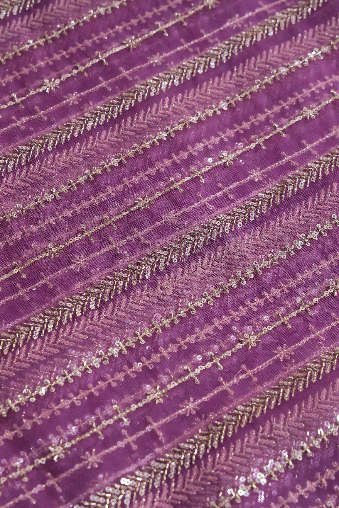 Gold Beads With Gold Sequins Beautiful Stripes Embroidery Work On Lavender Soft Net Fabric